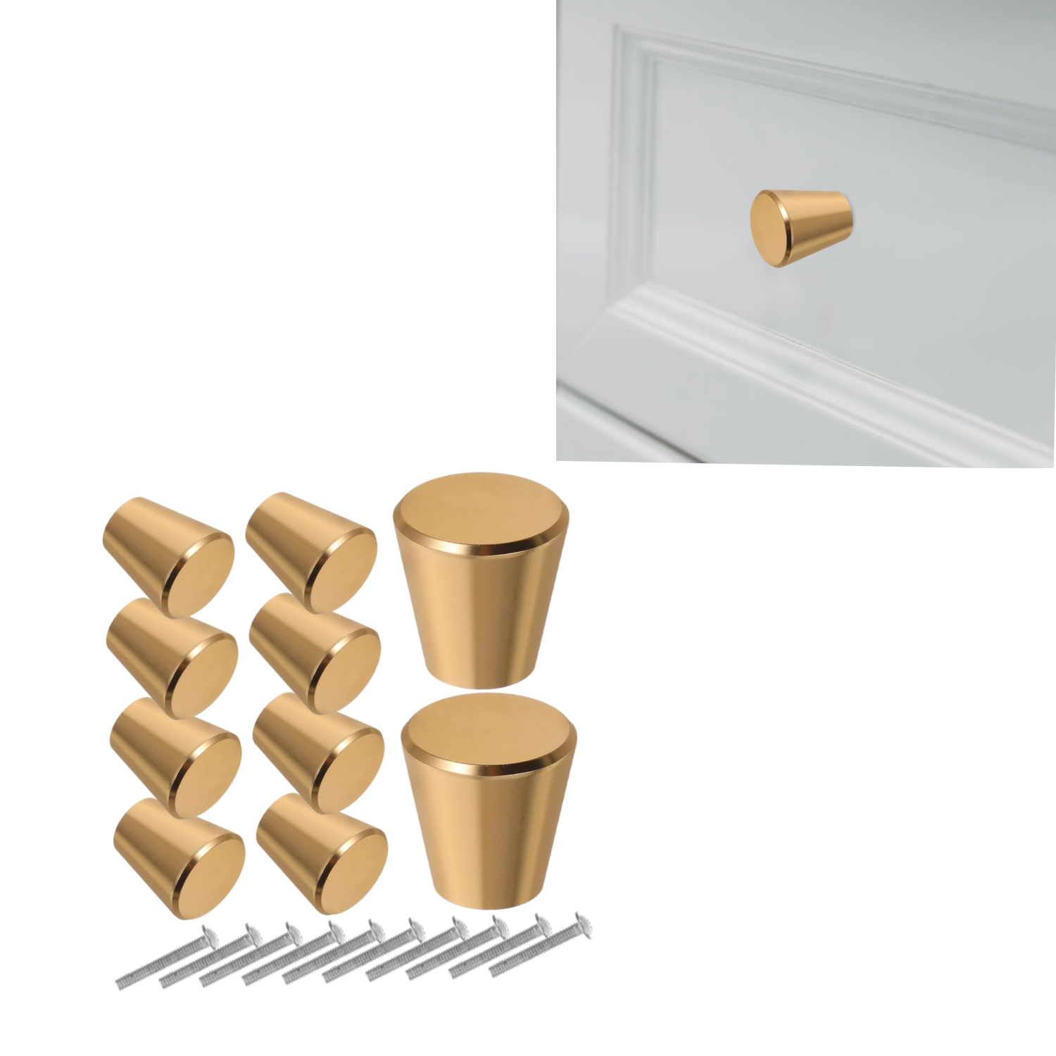 Zestaw 10 okrągłych, złotych uchwytów aluminiowych do drzwi kuchennych, szaf i szuflad.