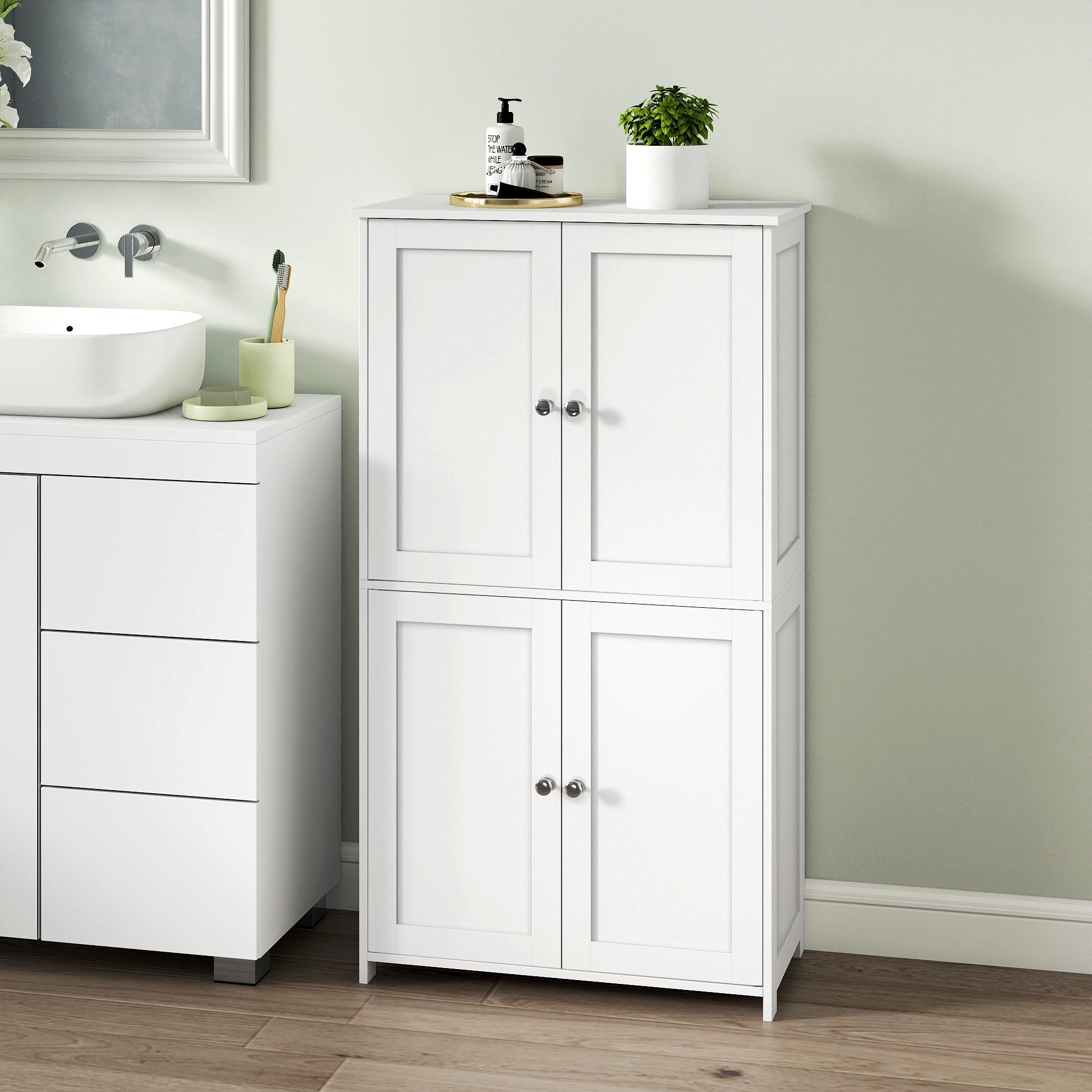 Armoire Haute de Rangement, Meuble de Cuisine avec 4 Portes, 2 Étagères Réglables, Style Shaker, Blanc - 3