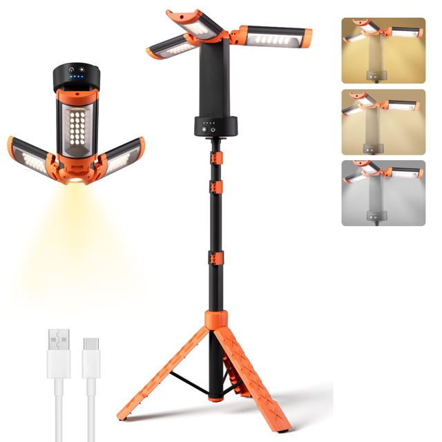 Lampe de travail rechargeable avec support, lampe de camping LED sans fil, batterie 9000 mAh, intensité variable 3000-6600 K, hautement rétractable