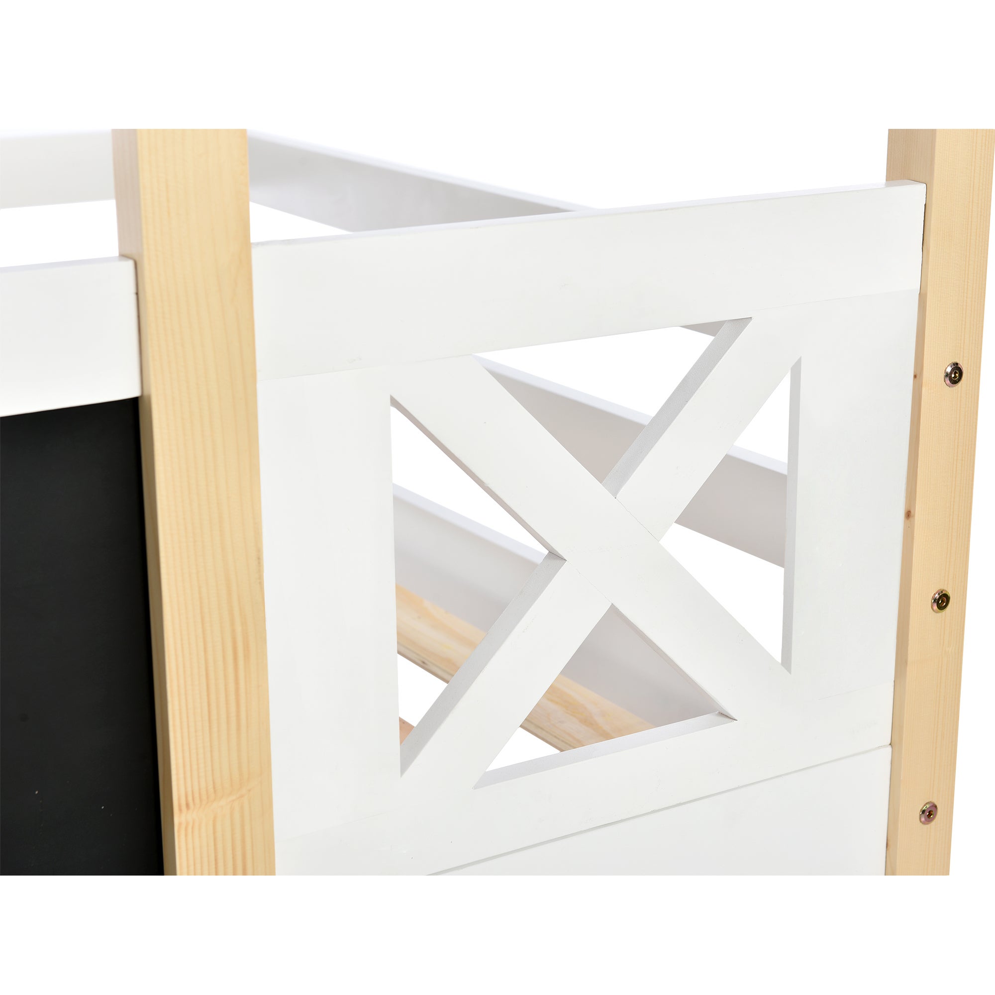 Lit superposé cabane en pin massif avec barrières anti-chutes + échelle + tableau noir - 90x200cm - Naturel & Blanc - 9