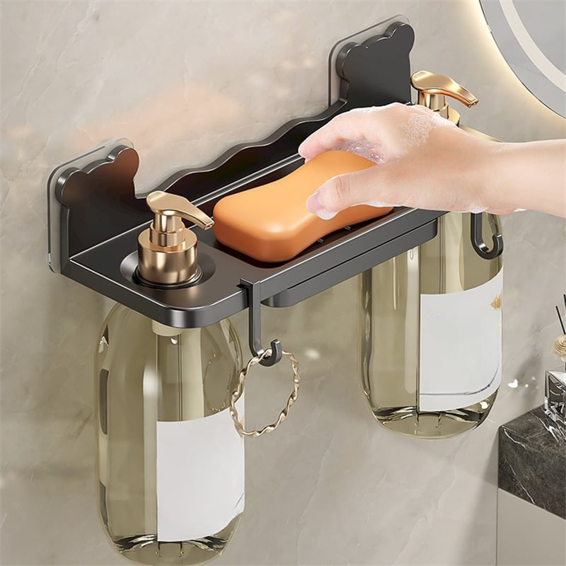 Zestaw 2 półek ściennych na butelki z mydłem i żelem pod prysznic w łazience + haczyki*4 Ciemnoszary 25*9,4*5,7 cm