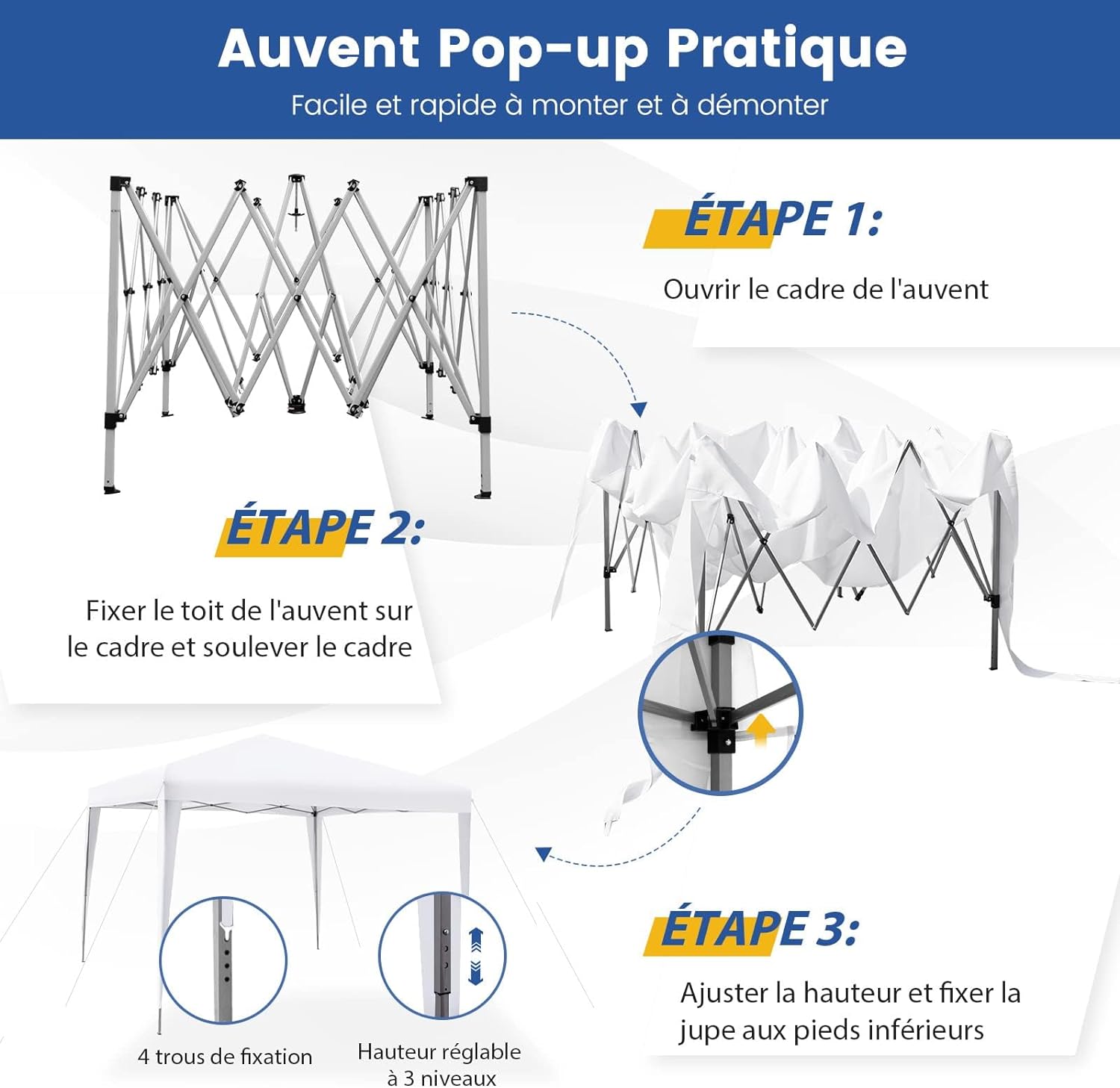 Gazebo Pieghevole da Giardino 295 x 295 cm, Gazebo Pop Up Impermeabile e Potezione Solare, Regolabile in Altezza, con Borsa da Trasporto, per - 6