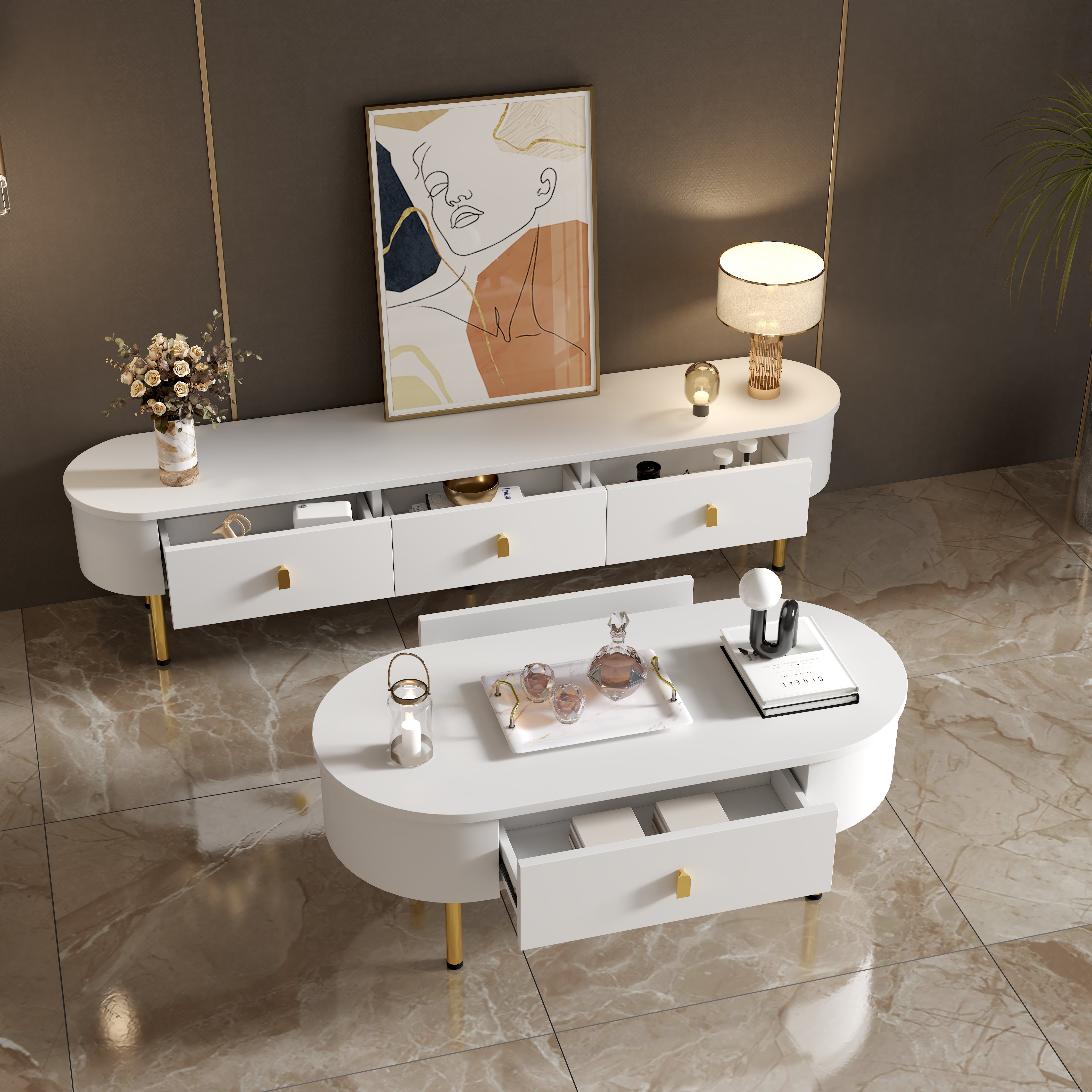 Set soggiorno 2 pezzi - Mobile TV e tavolino - con 4 cassetti - MDF - Bianco - 3