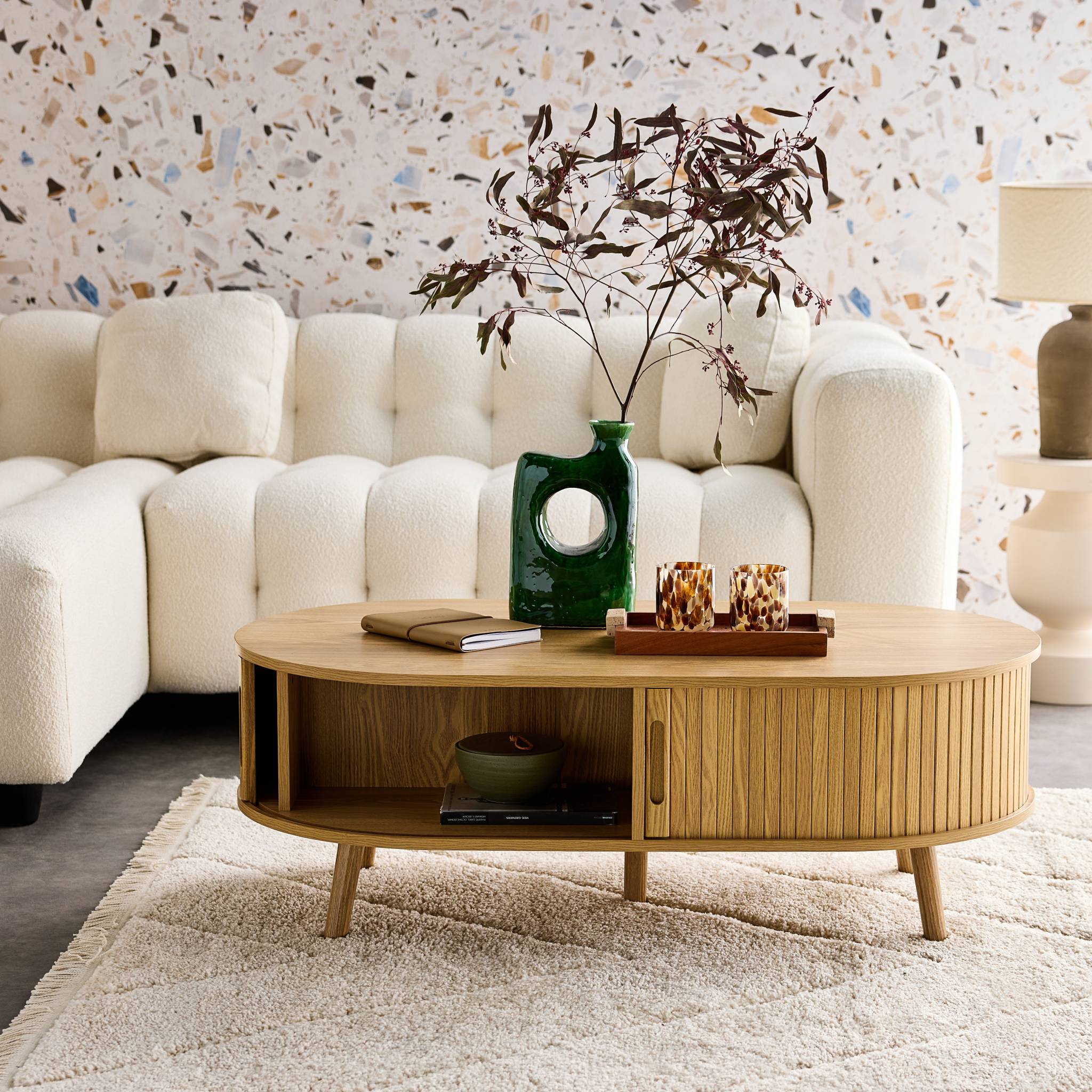 Table basse 2 portes coulissantes avec 3 compartiments décor bois rainuré. L 110 x P 59 x H 39cm LEGACY - 2