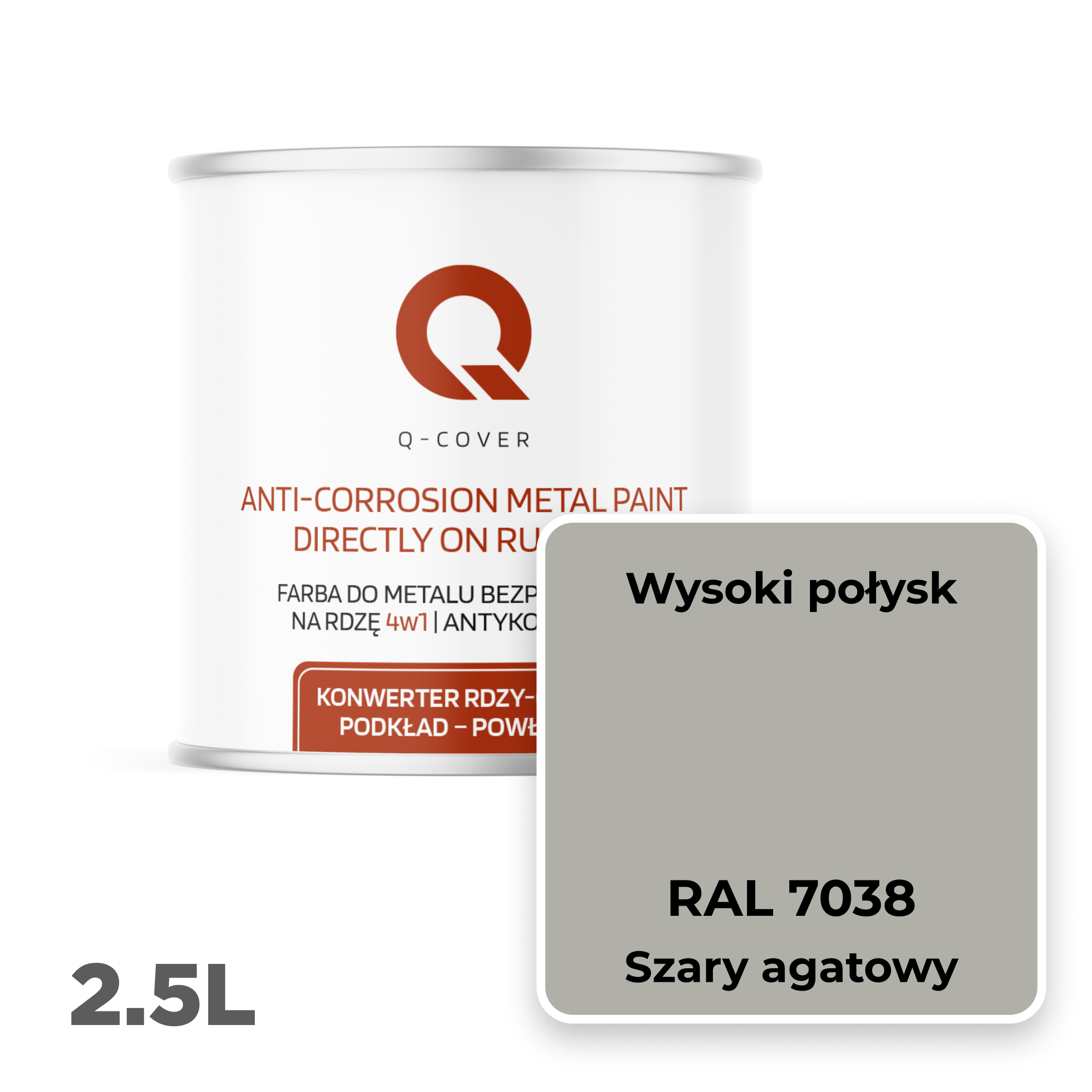 Farba do Metalu Prosto na Rdzę 4w1 Q-Cover Szary agatowy RAL7038 Wysoki Połysk 2.5L - 2