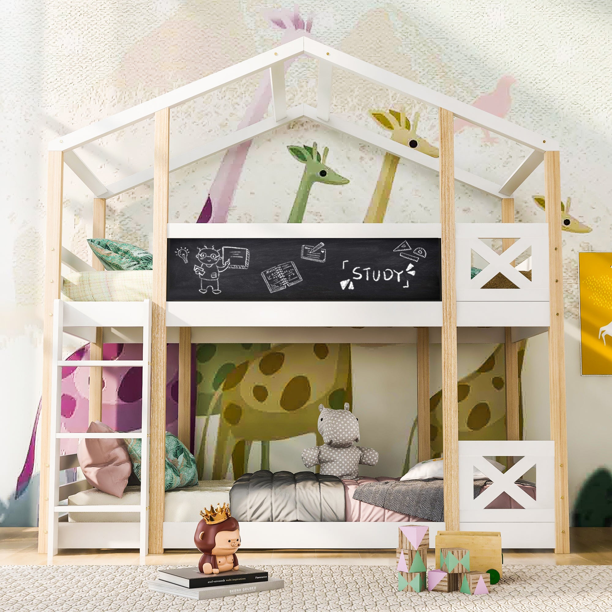 Solidne łóżko piętrowe z sosny z barierkami zabezpieczającymi + drabinką + tablicą - 90x200cm - naturalne i białe