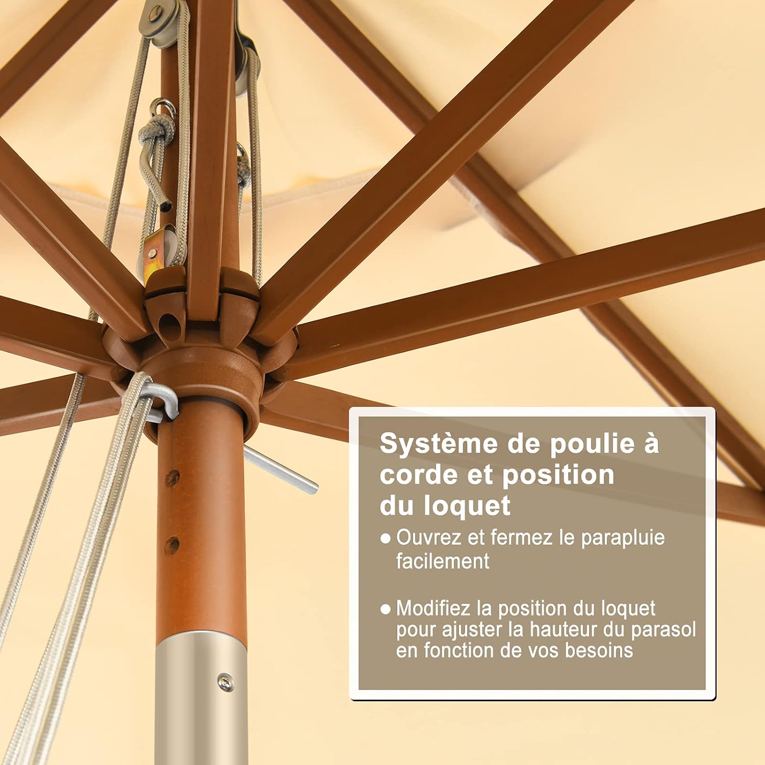 Ø3Mx H2,58M Parasol Déporté 8 Baleines en Bois avec Manivelle, Poteau de Parapluie Inclinable, pour Pare-Soleil de Plusieurs Angles - 8