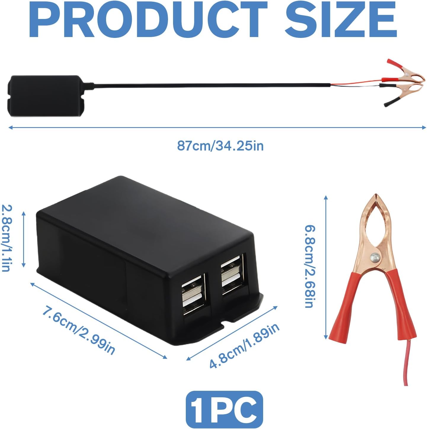 Convertitore DC Con Morsetti A Coccodrillo 12V/24V A 5V 3A – 4 Porte USB Per Moto E Auto