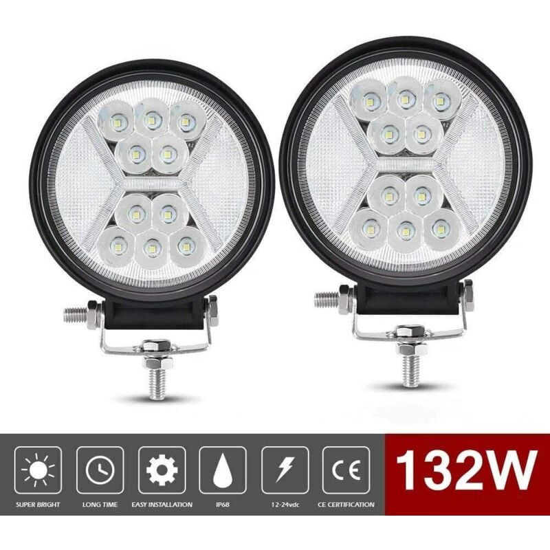 Lampa robocza LED 12V 132W – Zestaw 2 sztuk dalekosiężnych do motocykla, 4x4, ciężarówki, łodzi – Przeciwmgielna