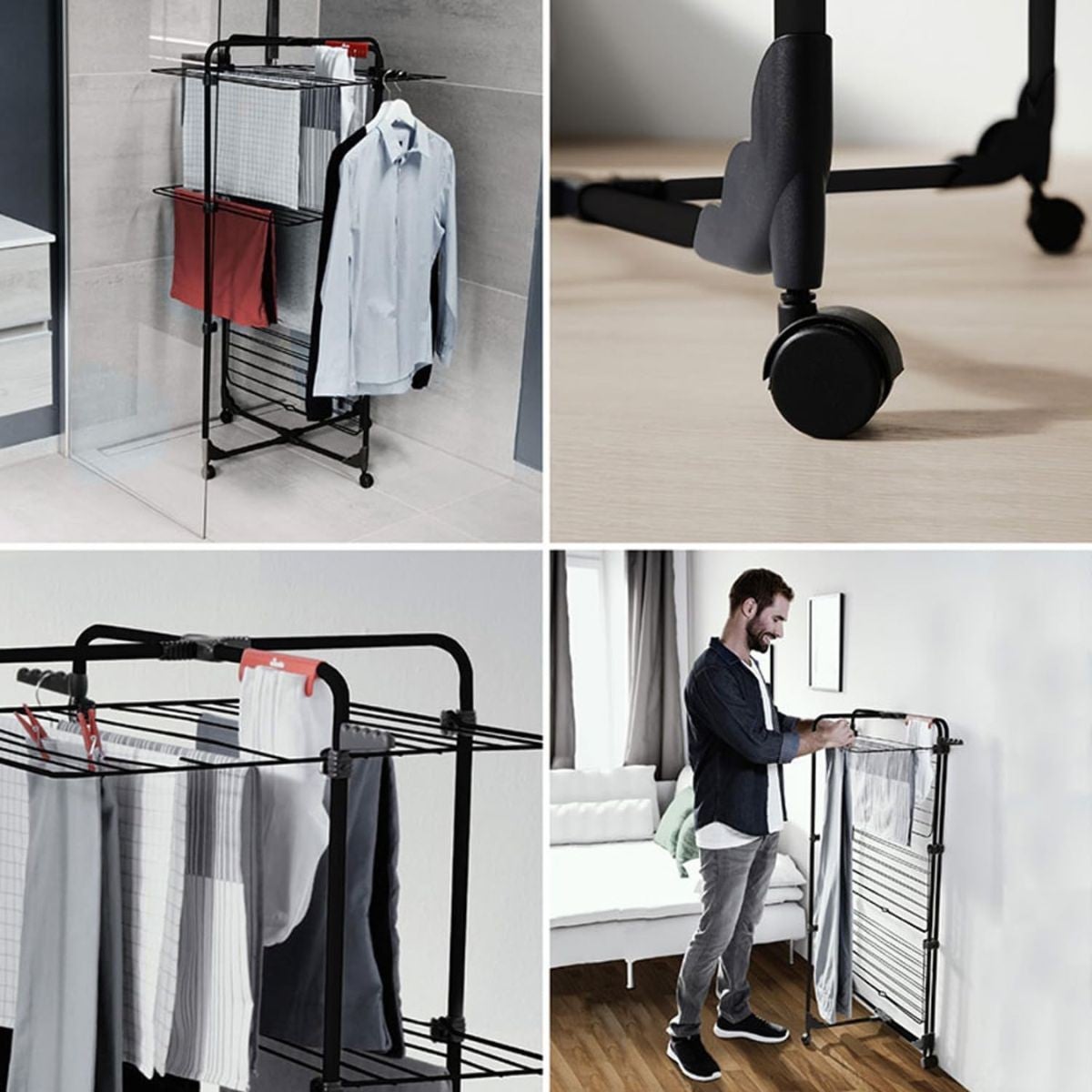 Étendoir à linge Intérieur 3 étages Séchoir à linge Pliable sur roulettes Tancarville Noir 93 x 71 x 131 cm VILEDA - 6