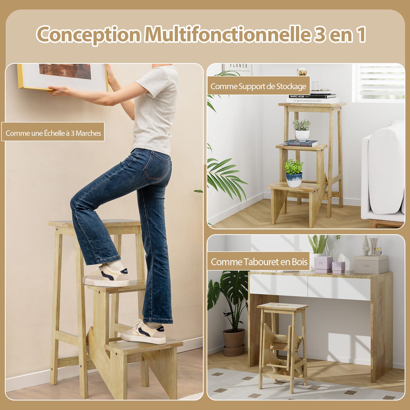 Tabouret Escabeau en Bois Hévéa Pliant, Marchepied 3 Marches, Escabeau Multifonctionnel Réversible, Portable, 57 x 41 x 76 cm, Capacité 310kg, Naturel - 6