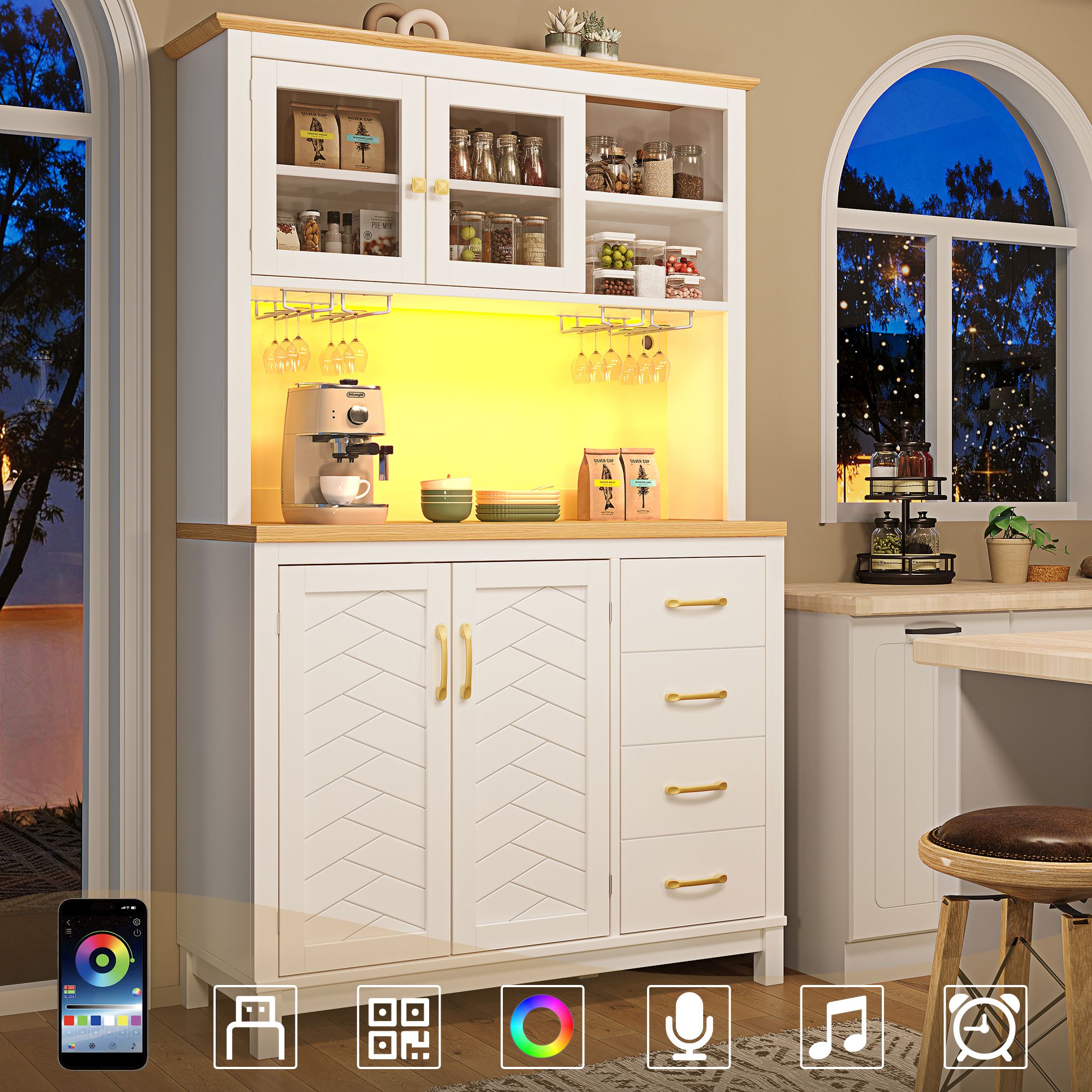 Wysoka komoda kuchenna z 4 drzwiami, 2 szufladami i uchwytami na kubki - 105,5 x 40 x 180 cm - MDF - diody LED - biała