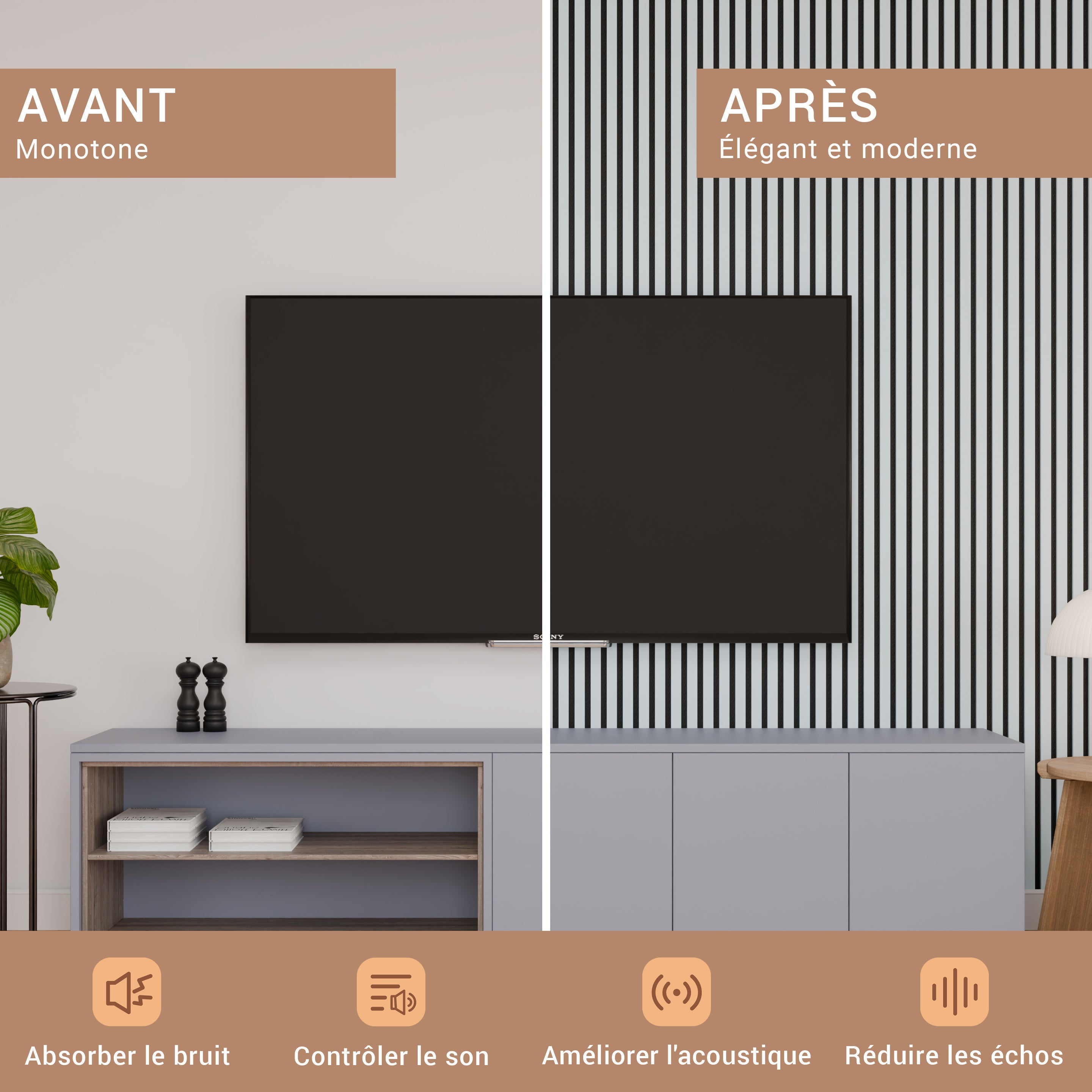 Lot 4 pièces - Panneau Acoustique - Gris Cuir - Feutrine Noir - 240x60x1.1cm - 4