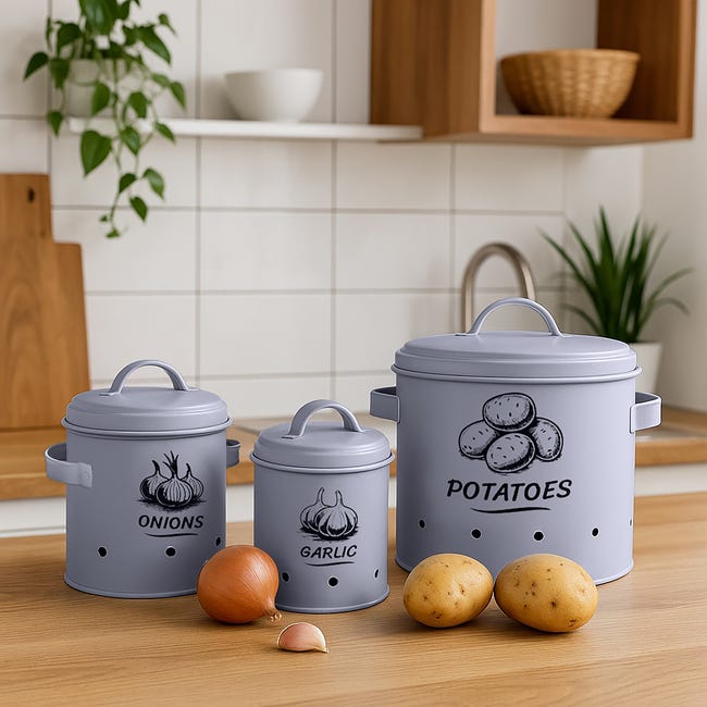 Lot de 3 boîtes en métal, récipient de stockage pour pommes de terre, oignons, ail, nourriture de cuisine, pots organisateur de légumes ais avec couvercle en bambou 15 Lot de 3 boîtes en métal, récipient de stockage pour pommes de terre, oignons, ail, nourriture de cuisine, pots organisateur de légumes ais avec couvercle en bambou 15