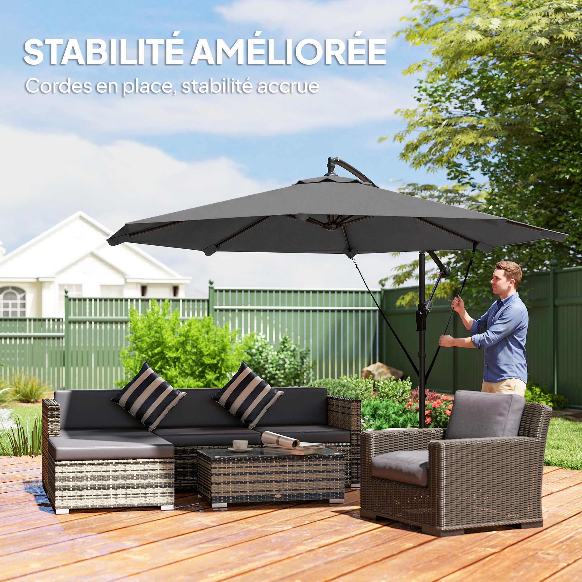 Parasol Déporté Parasol de Jardin Extérieur Double Cordes de Fixation et Housse de Protection Manivelle Gris Foncé - 6
