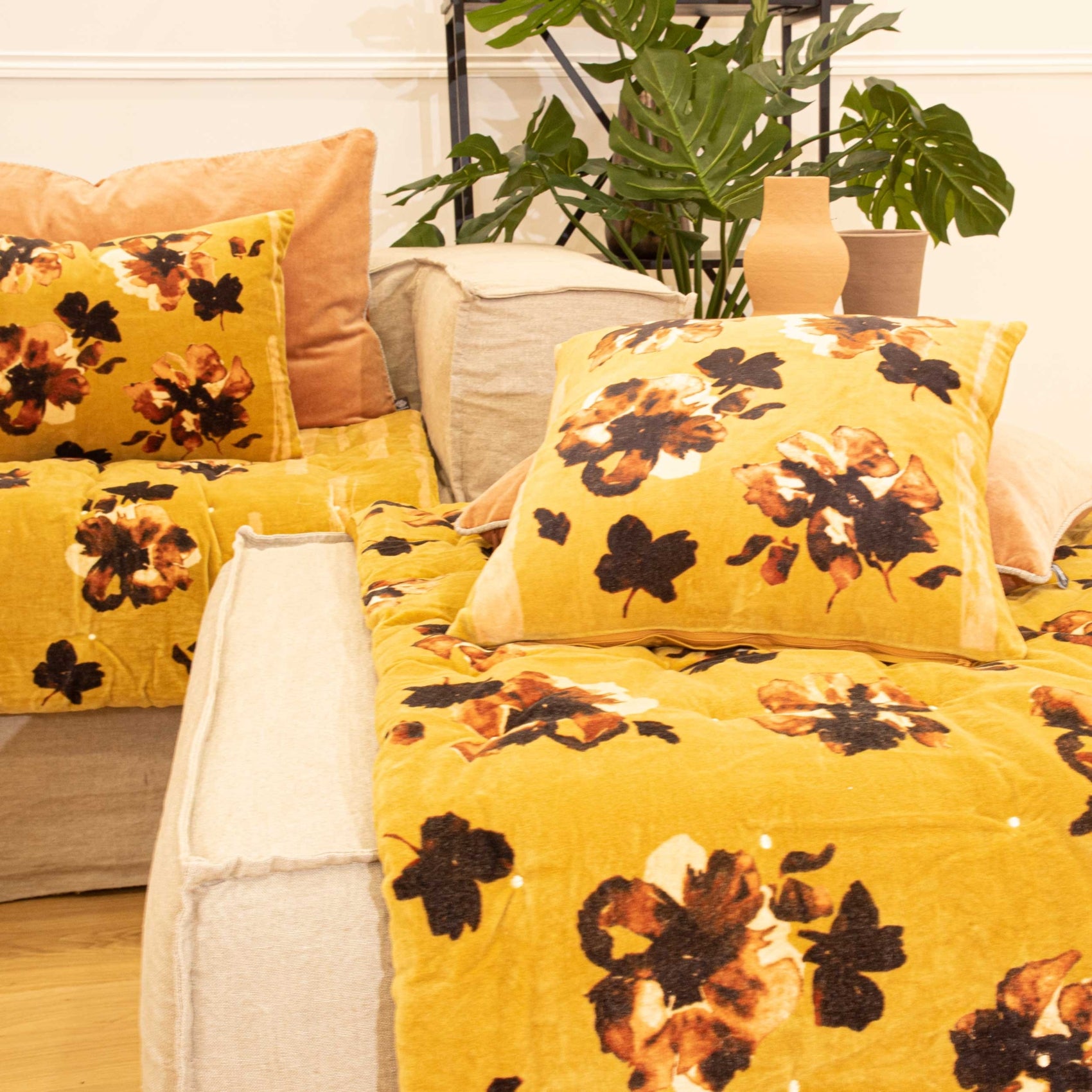 Édredon en velours fleuri - Jaune - 80x200 cm - Polyester - 3