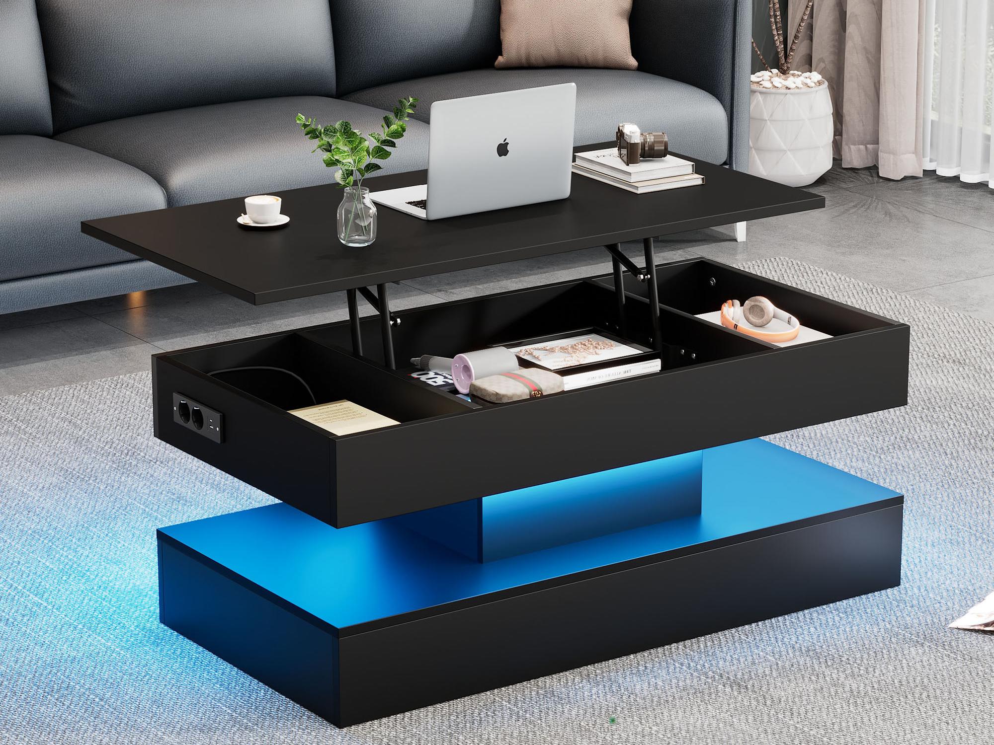 Table Basse Rectangulaire Noire Brillante Avec 2 Tiroirs Et LED - Dimensions 104x53x46cm, étagères Ouvertes, Design Moderne