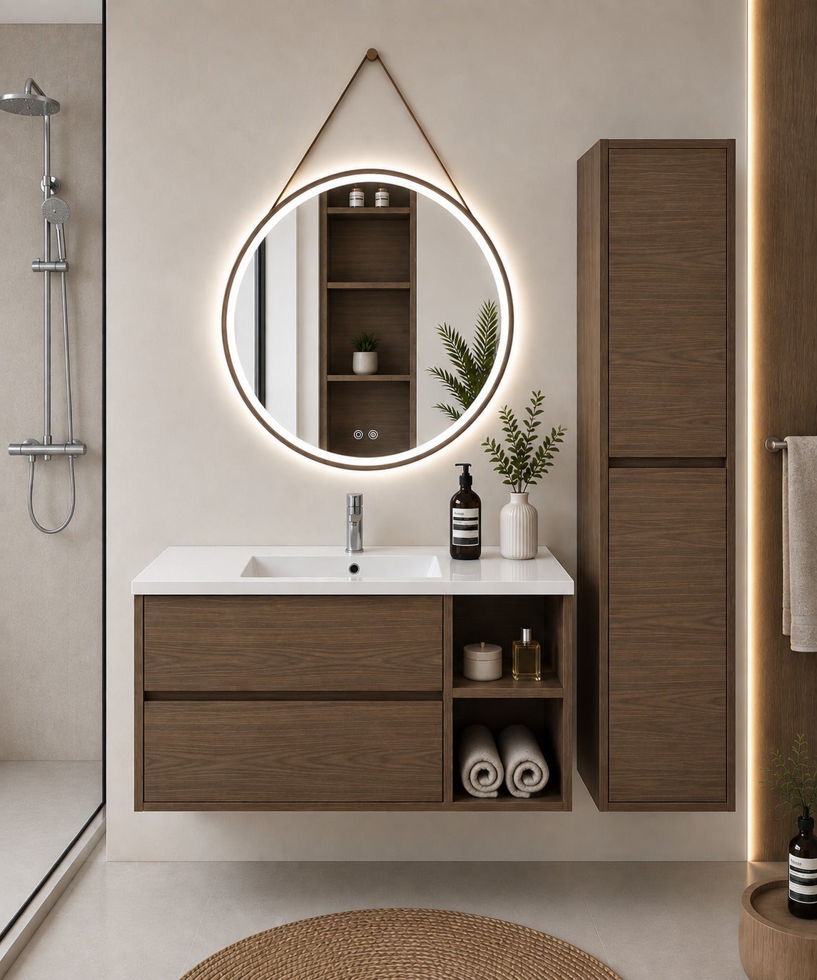 Mobilier de baie cu lavoar ORIGENBATH ZEUS fără oglindă 100x45 cm Dreapta Fresno tea cu coloană