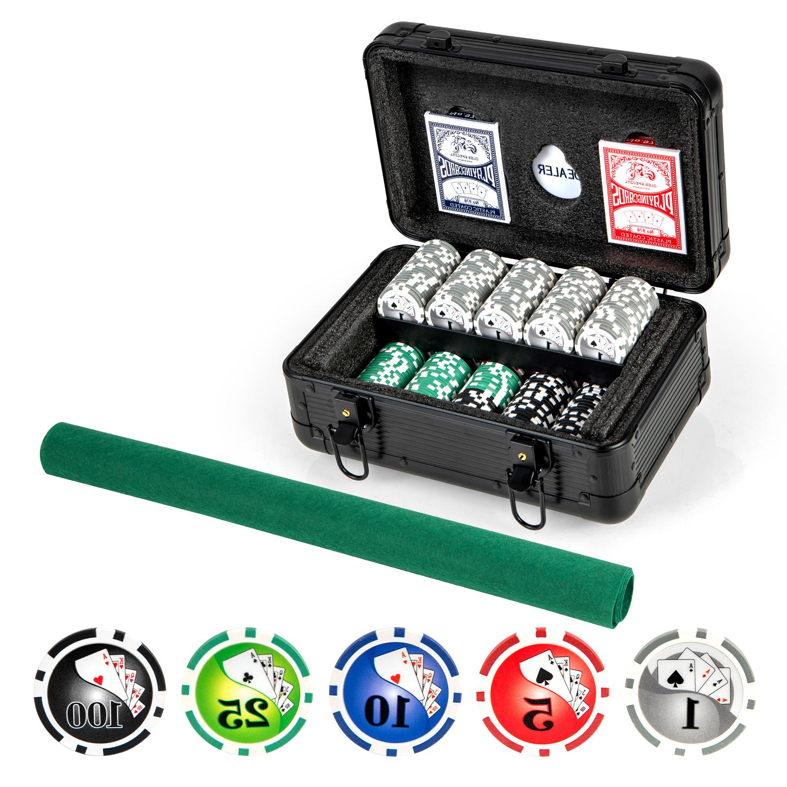 300 Szt. Walizka do Pokera z Aluminium, 2 Talie Kart, Filcowy Dywanik, Żetony Kasynowe z Numerami i Nominałami do Gry w Texas Hold'em