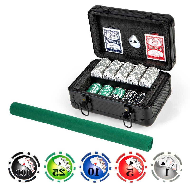 300 Szt. Walizka do Pokera z Aluminium, 2 Talie Kart, Filcowy Dywanik, Żetony Kasynowe z Numerami i Nominałami do Gry w Texas Hold'em