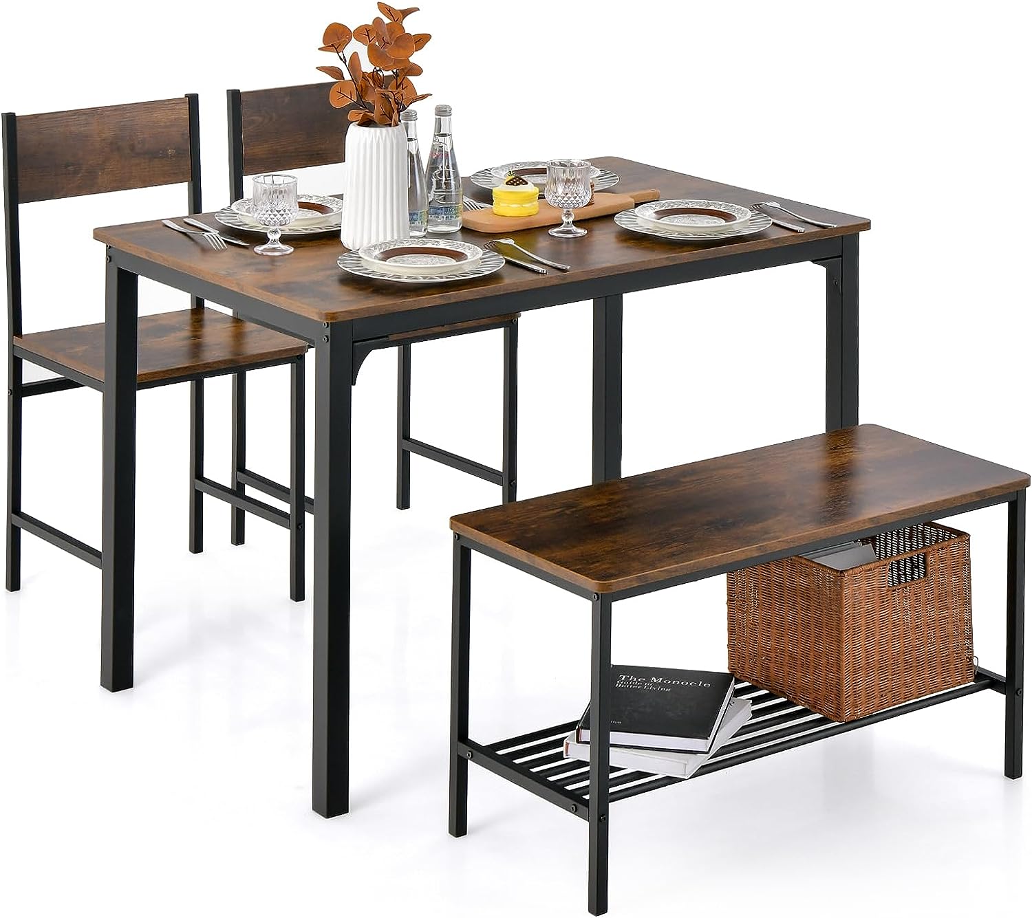 Juego de mesa y silla de comedor de 4 piezas, mesa de reunión industrial con 2 sillas y 1 banco, juego de cocina con marco de metal y estante,