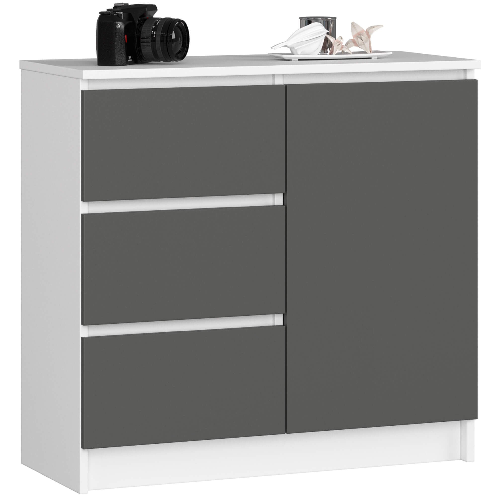Komoda AKORD JERRY Biała 80 cm 1 drzwi 3 szuflady kolor Grafit Szary mat 2 półki 80x35x77 cm