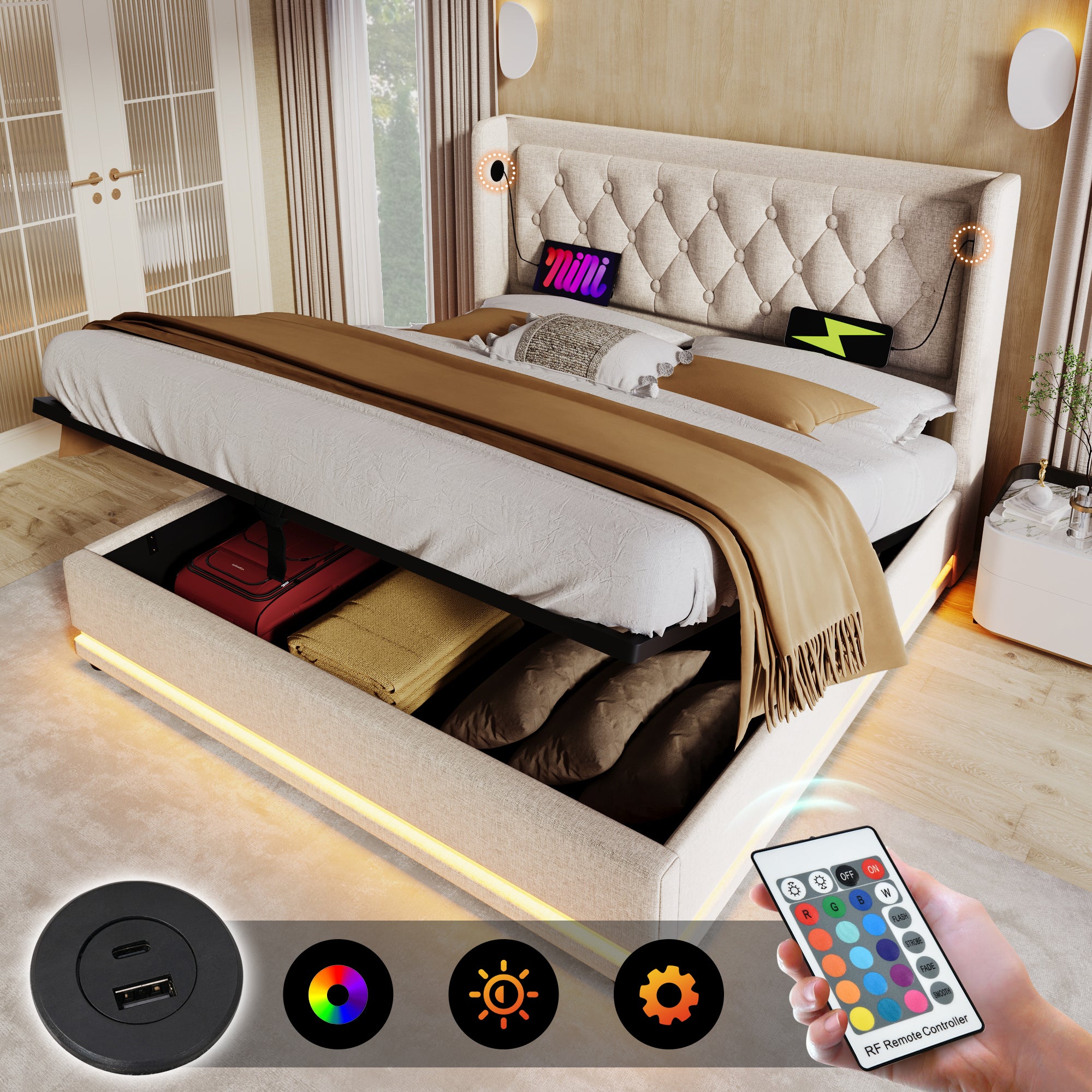 Łóżko Double 160x200 cm z materacem - Poduszka głowieniowa z wypełnieniem USB-C - Drewno bawełniane Beige - Łóżko z hydraulicznym przechowywaniem - 4