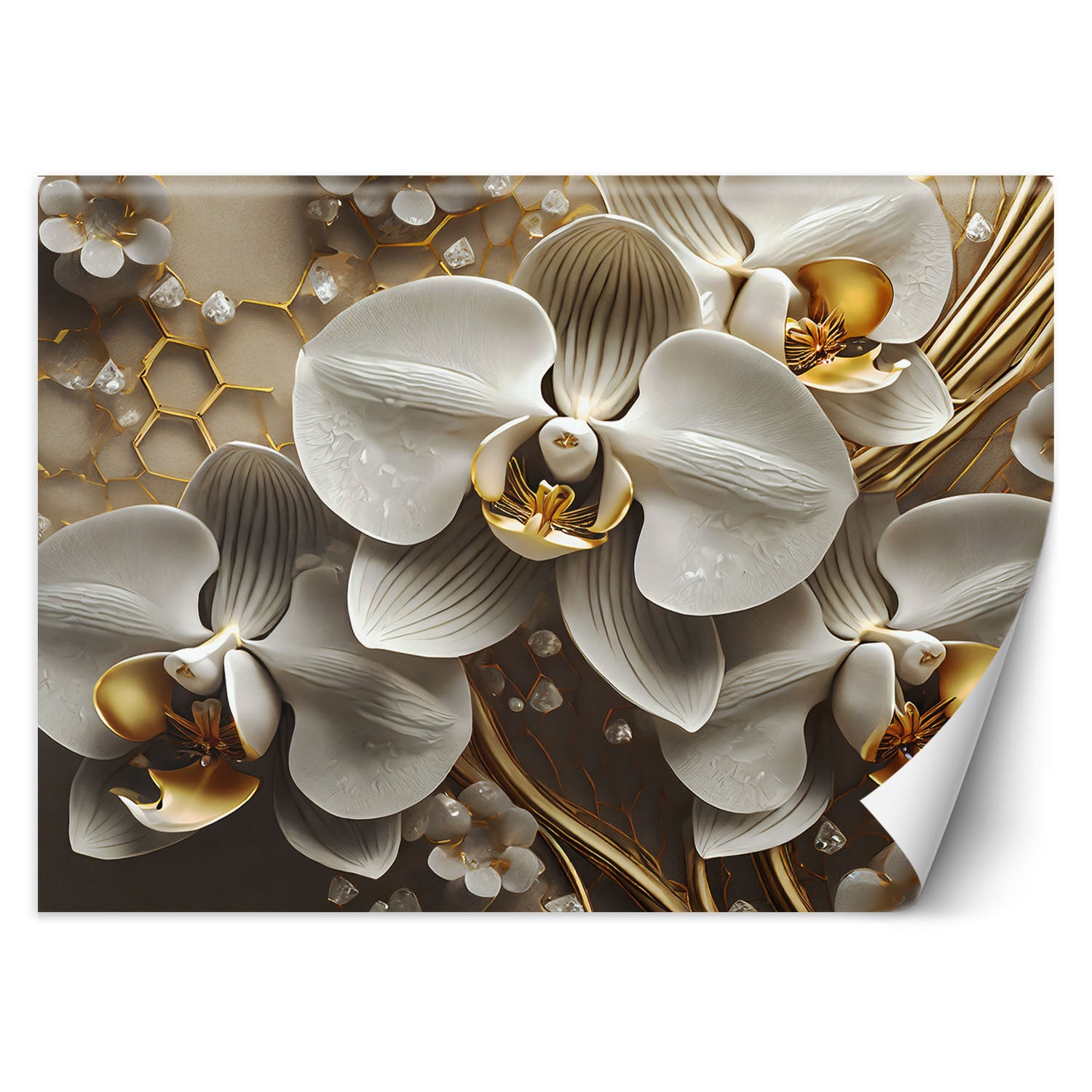 VINTAGE // Broche avec véritable orchidée émaillée et bordure dorée, dans sa boîte d'origine, de