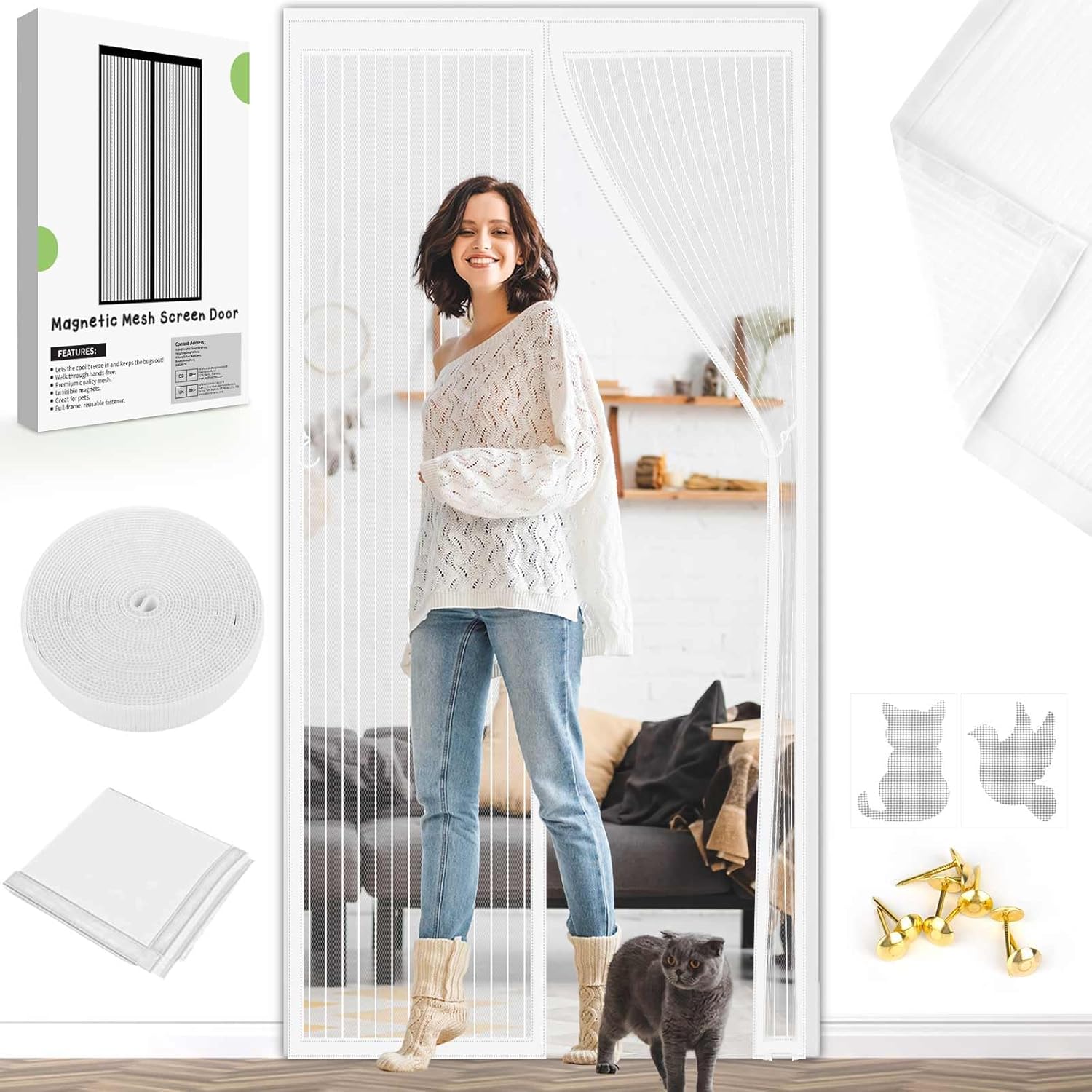 Magnetyczna moskitiera z silnymi magnesami i rzepem na całej szerokości, bez wiercenia (biała, 90 x 210 cm)