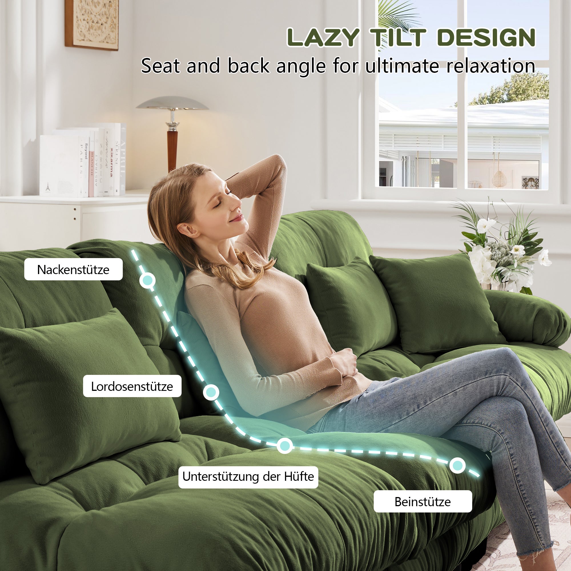 Canapé d'angle extra large en forme de L,Canapé nuage 3 places avec 1 repose-pieds,Canapé modulable avec coussins lombaires,Chenille,Vert - 3