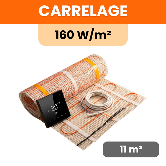 Kit Plancher chauffant électrique carrelage + Thermostat Wifi tactile (TFT) Ignis - 160 W/m² : 1800 W - 11 m² : longueur: 2200 cm - Largeur: 50 cm