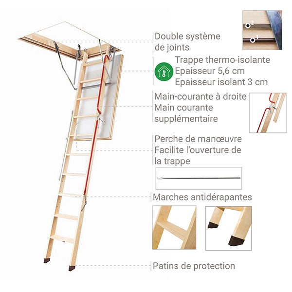 Echelle escamotable bois - Trémie de 70 x 120cm - Hauteur de 2.60 à 2.80m - LWL70120-2 - 4