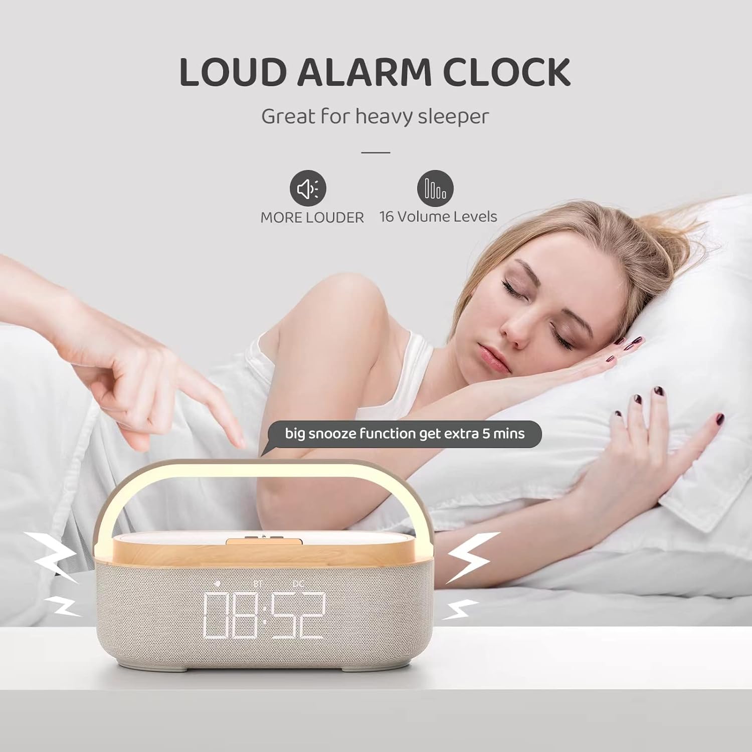 Réveil Bluetooth avec chargeur sans fil, radio FM, veilleuse LED réglable, enceinte portable 6 en 1 pour chambre à coucher, 2&nbsp;500 mAh - 2