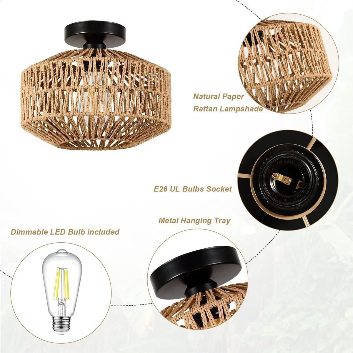 Lot de 2 lampes semi-encastrées style bohème, tissées à la main, ampoules E27, pour chambre, cuisine et couloir - 8