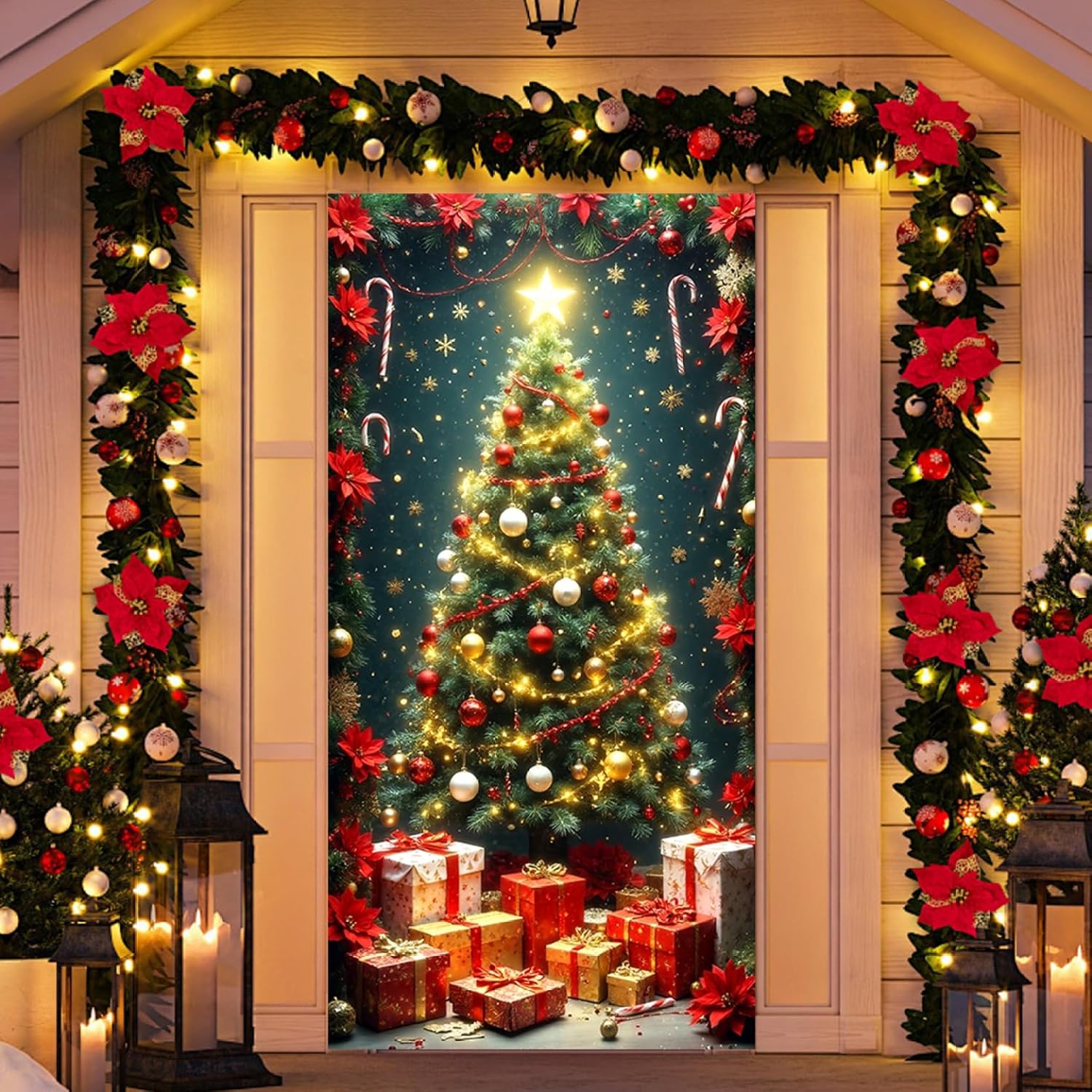Cubierta navideña para puerta de 90 x 180 cm, decoración navideña para puerta con ojales, elástica y lavable para fiestas en casa. - 4