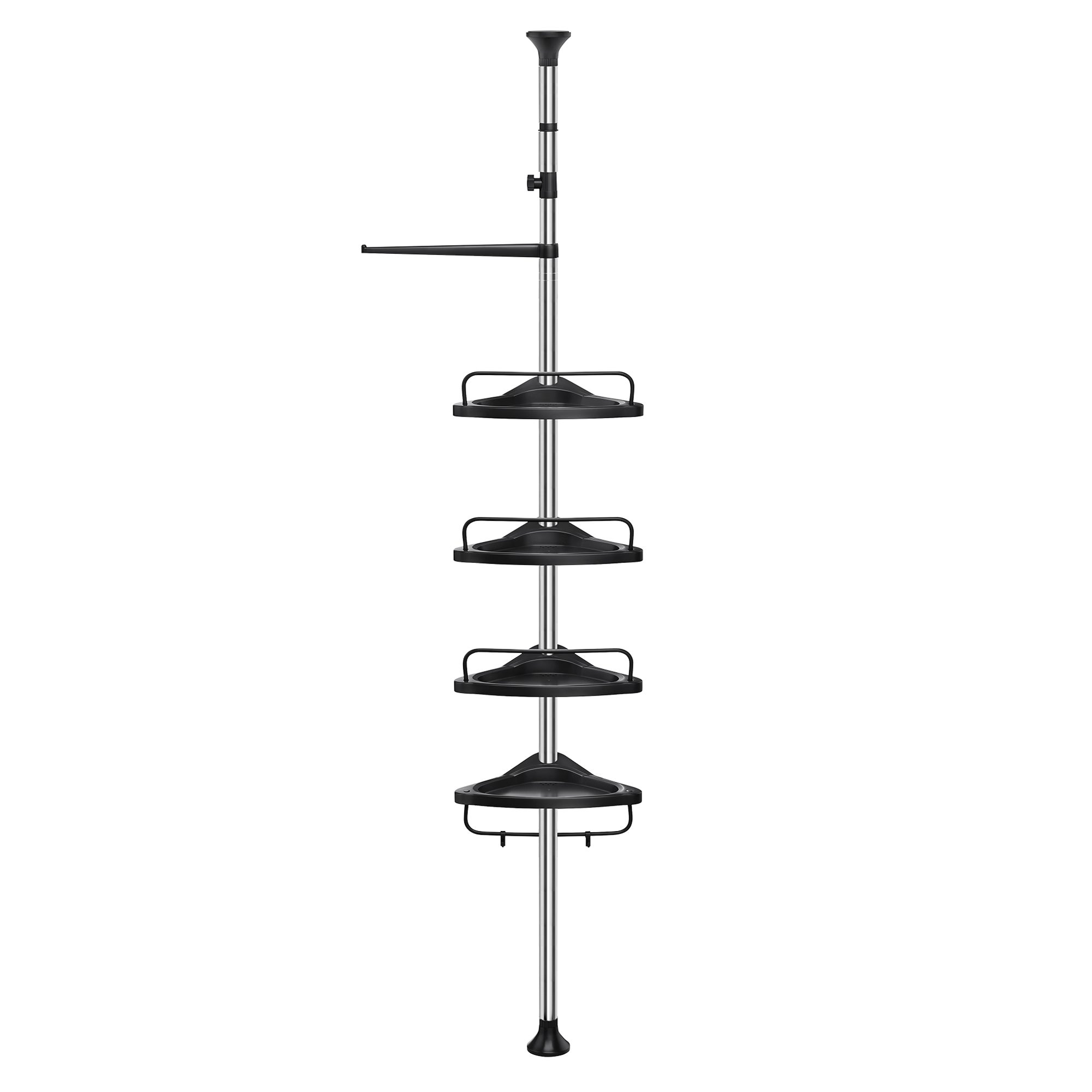Étagère de Douche Réglable en Hauteur, Hauteur Totale 95-300 cm, en Inox, 4 Niveaux, 3 Crochets, Argent et Noir - 6