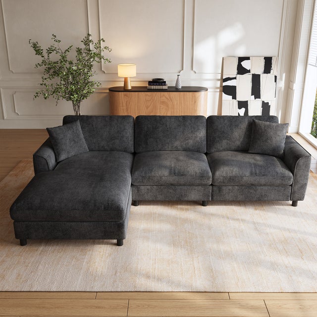 Canapé d'angle réversible 3 places gris en tissu chenille avec méridienne 90 cm