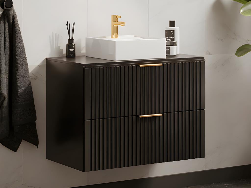 Meuble de salle de bain suspendu strié avec vasque à poser - Noir - 80