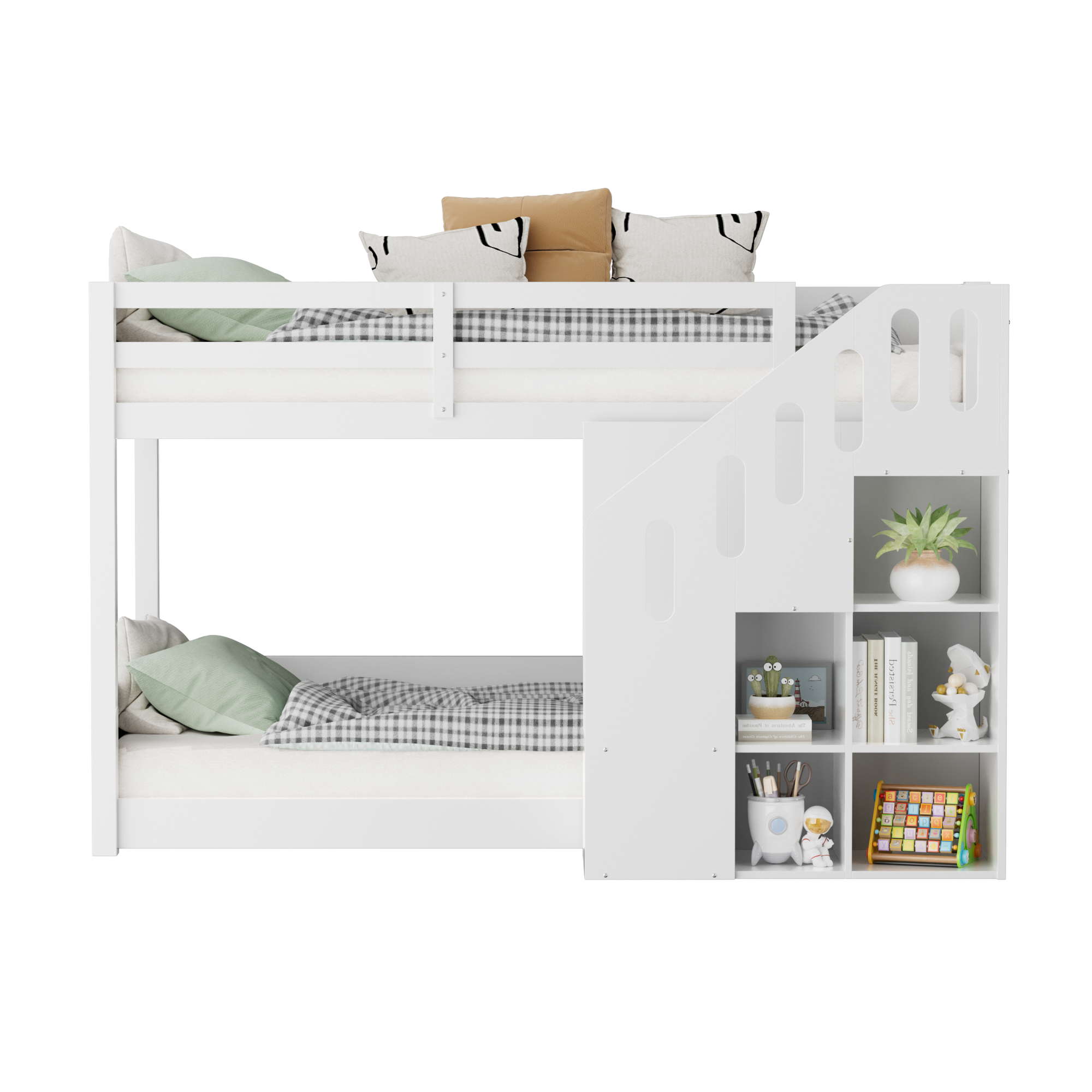Lit superposé pour enfant - 2x90x200 cm - avec casier d'escalier et garde-corps - Blanc (sans matelas) - 7