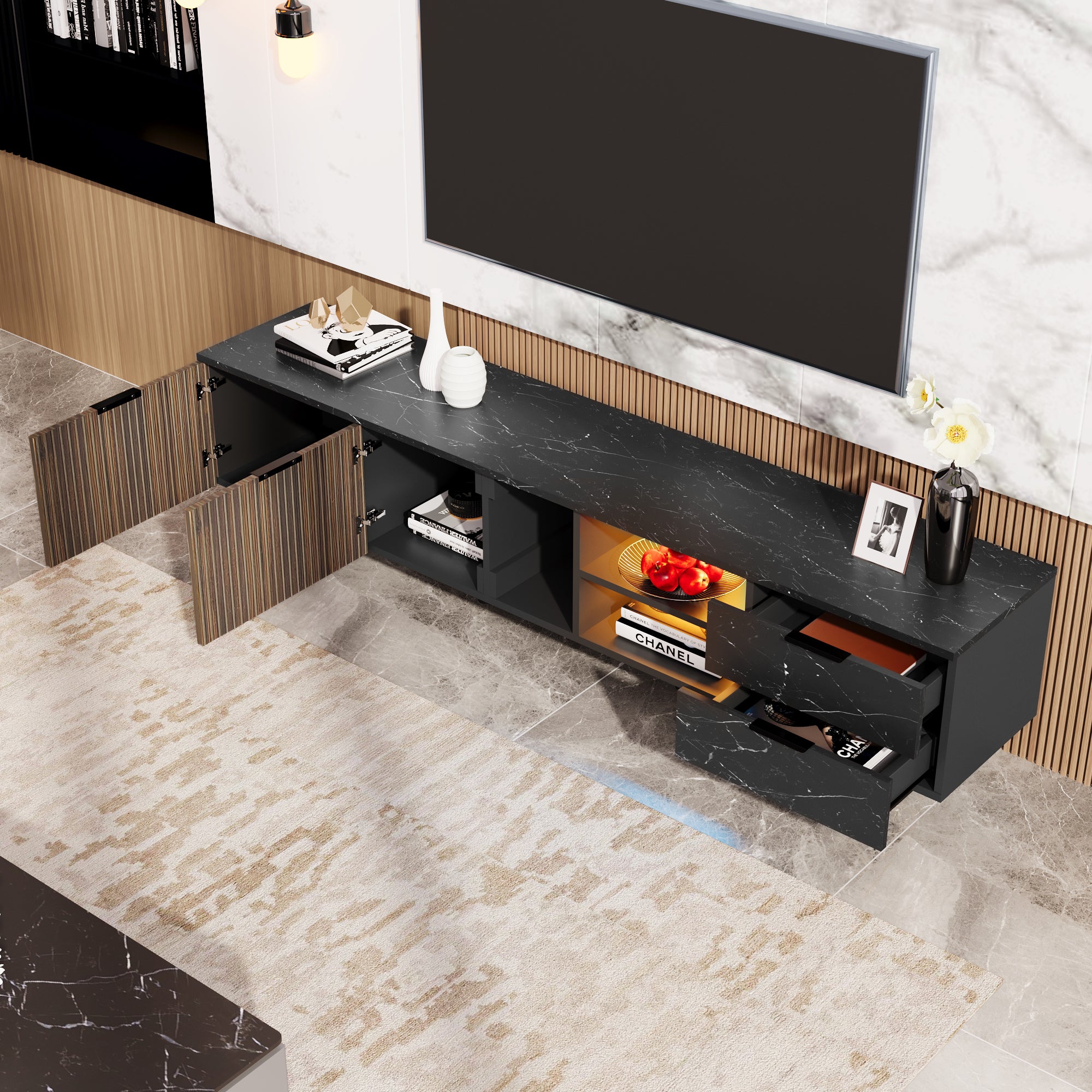 Mobile TV con 2 ante, 2 cassetti e 2 nicchie - 200 x 38 x 50 cm - LED - Legno MDF - Nero + legno - 4