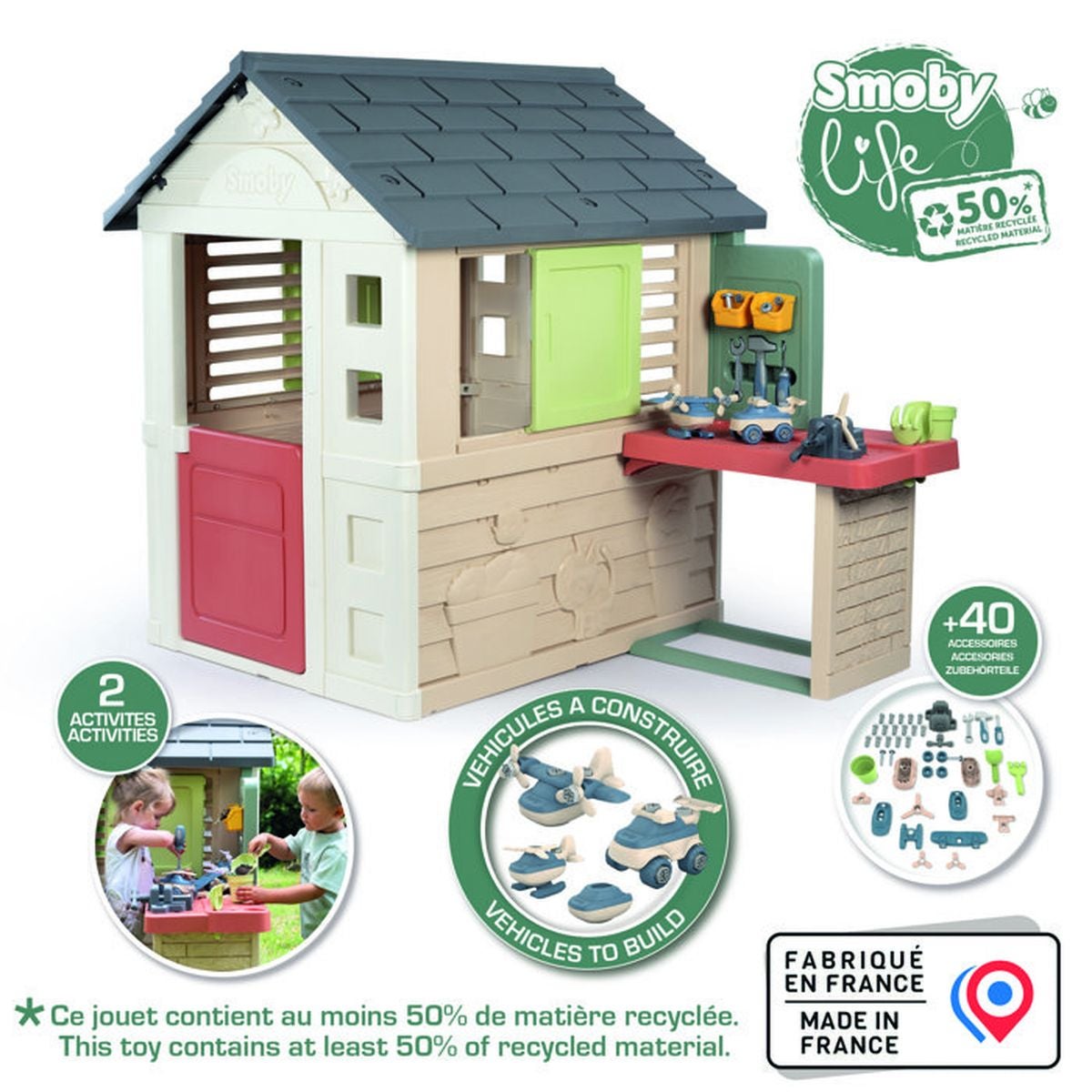 Smoby Life - Maison Nature + Atelier - Fabriquée en France - Matiere Recyclée - 39 accessoires - Des 2 ans - 2
