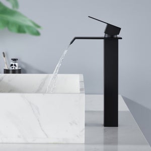Robinet de Lavabo Cascade avec Bec Haut en Acier Inox Noir, Mitigeur Carré pour Salle de Bain avec Commande d'Eau Chaude et Froide