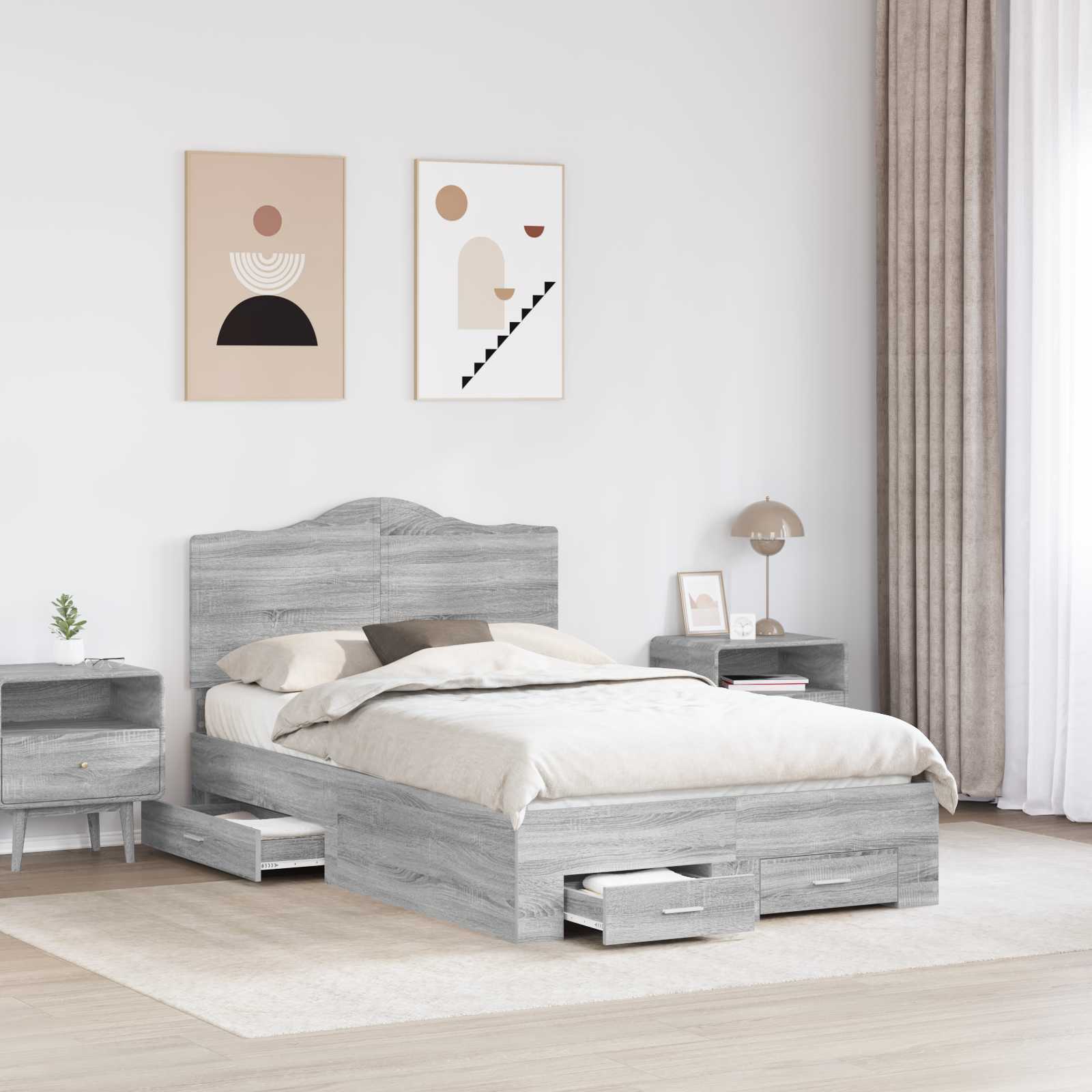 Cadre de lit en panneau de bois gris pour la chambre, 135 × 190 cm - 3