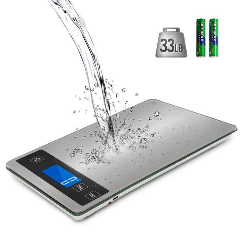 Elektroniczna waga kuchenna, precyzyjna cyfrowa waga spożywcza 1 g, ze stali nierdzewnej, udźwig 15 kg/33 funty, duża platforma 23 x 16 cali