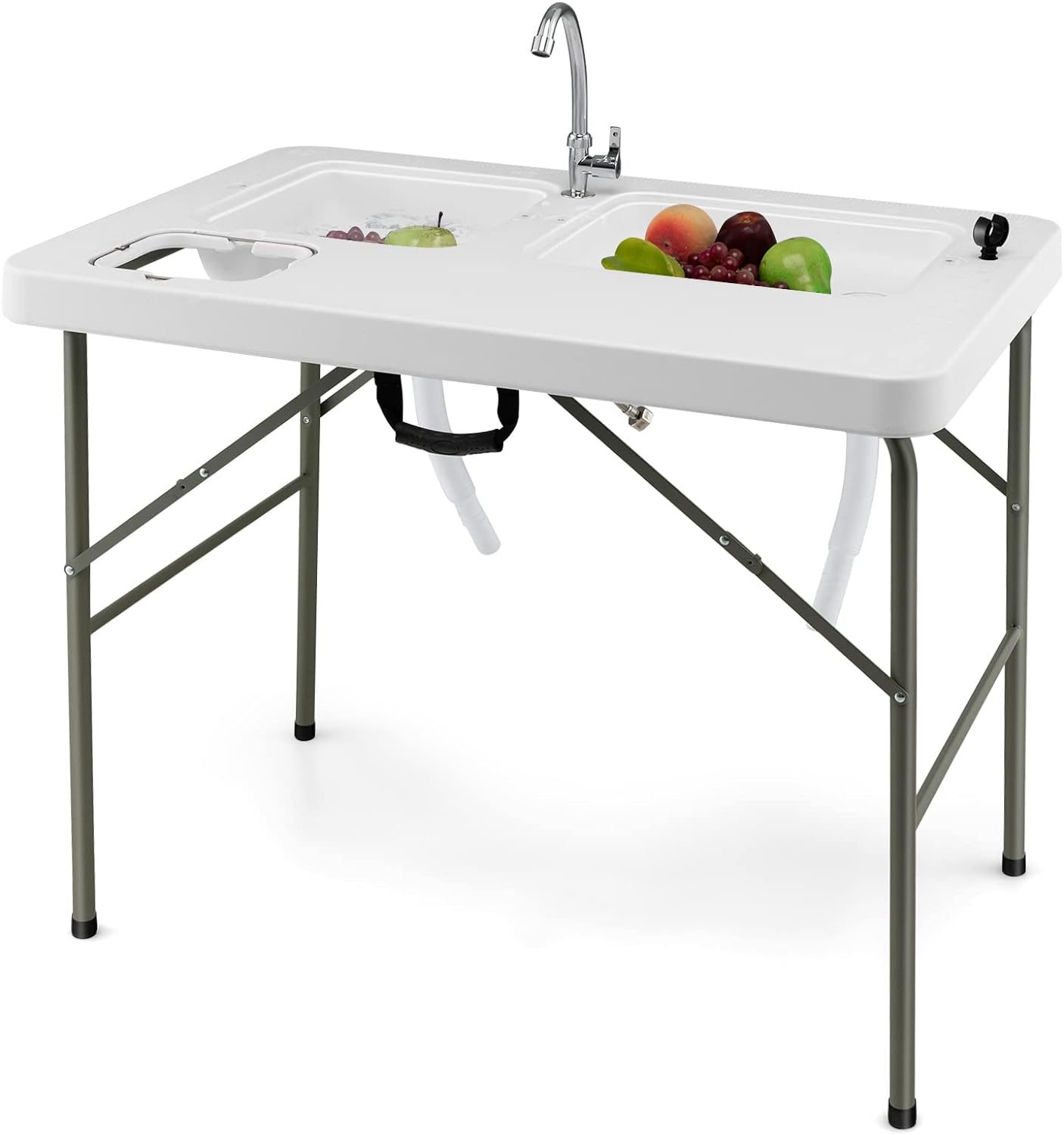 Outvita Tavolo Pieghevole Da Campeggio Con Lavello E Rubinetto In Acciaio Inox - 100x60 Cm, HDPE Alimentare, Per Pulizia Pesce E Verdure