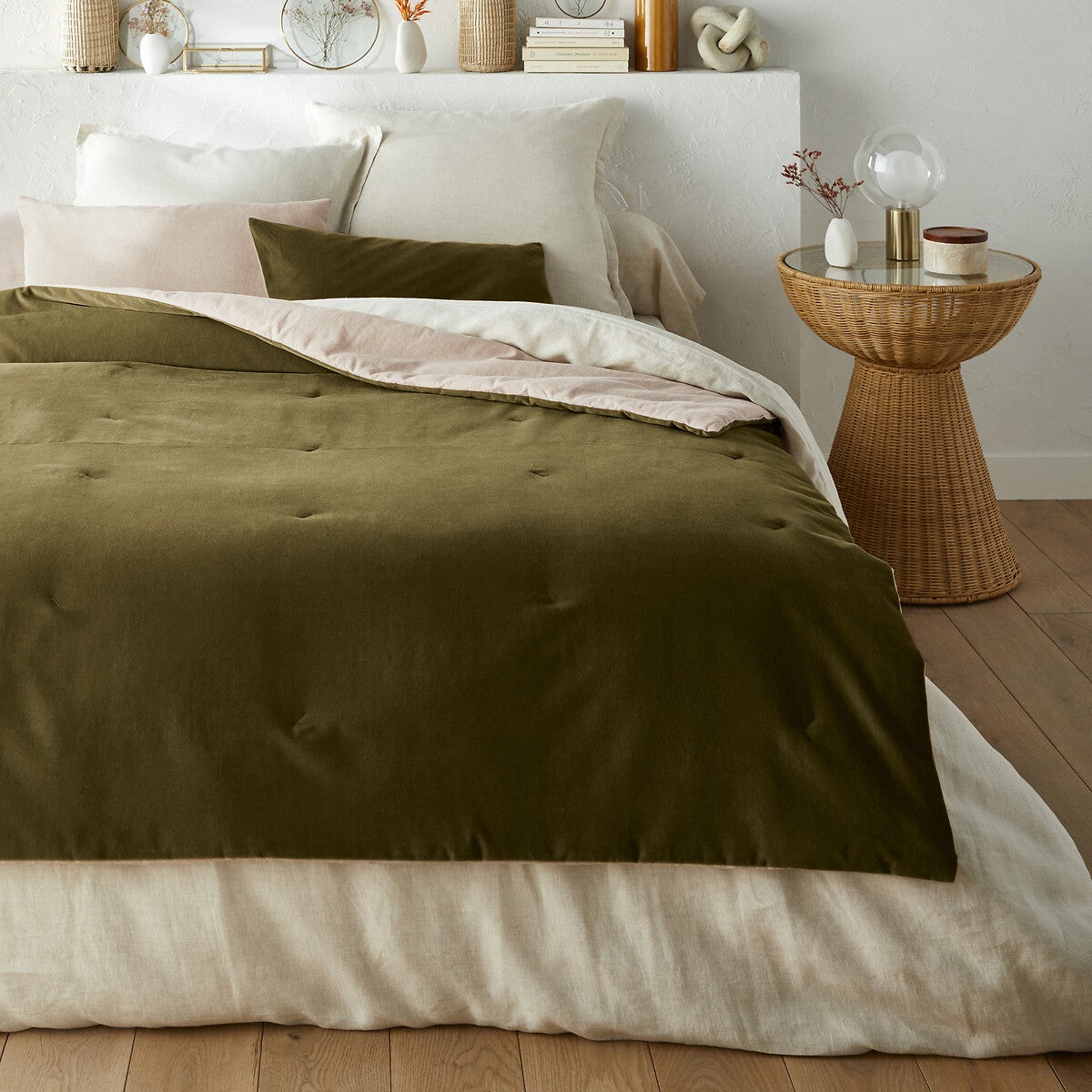 Edredon matelassé velours coton lin uni, Velvet - Vert olive - 90 x 190 cm