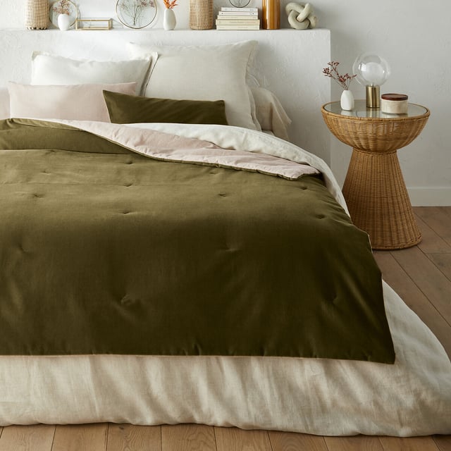 Edredon matelassé velours coton lin uni, Velvet - Vert olive - 90 x 190 cm