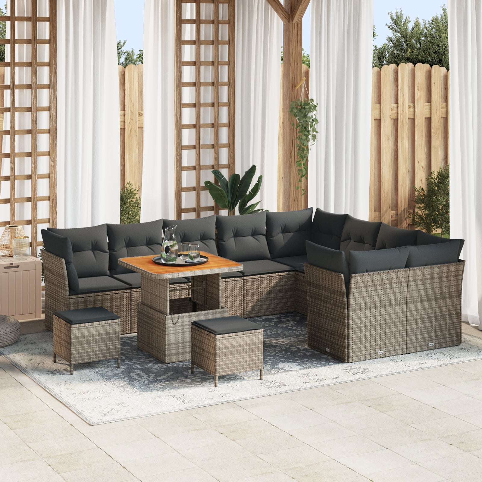 Juego de sofás de jardín vidaxl de 12 piezas con cojines gris poliratán acacia, juego de comedor de jardín vidaxl de 3 piezas con cojines gris polirat
