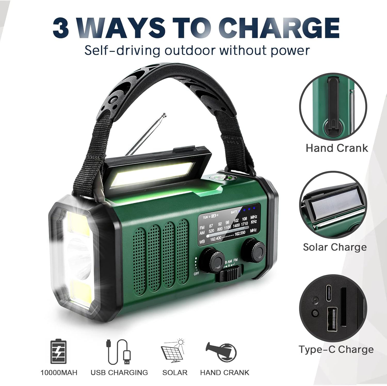 Radio z korbką ręczną 10000 mAh, zielone, zasilane energią słoneczną, awaryjne, pogodowe NOAA/AM/FM, z lampką LED do czytania, alarmem SOS, kompasem n - 3