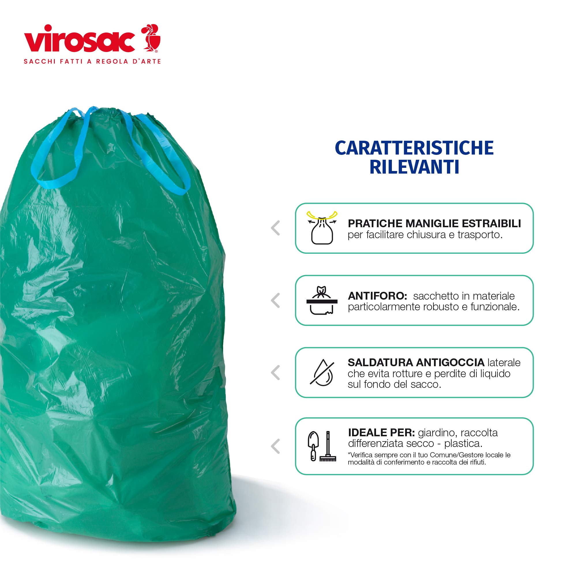 VIROSAC Gransacco - Sacchi Verdi 80x115, Antiforo E Con Maniglie Estraibili, Ideali Per Giardinaggio, 10 Pezzi Per Rotolo, Kit Da 2 Rotoli, color Verd - 3
